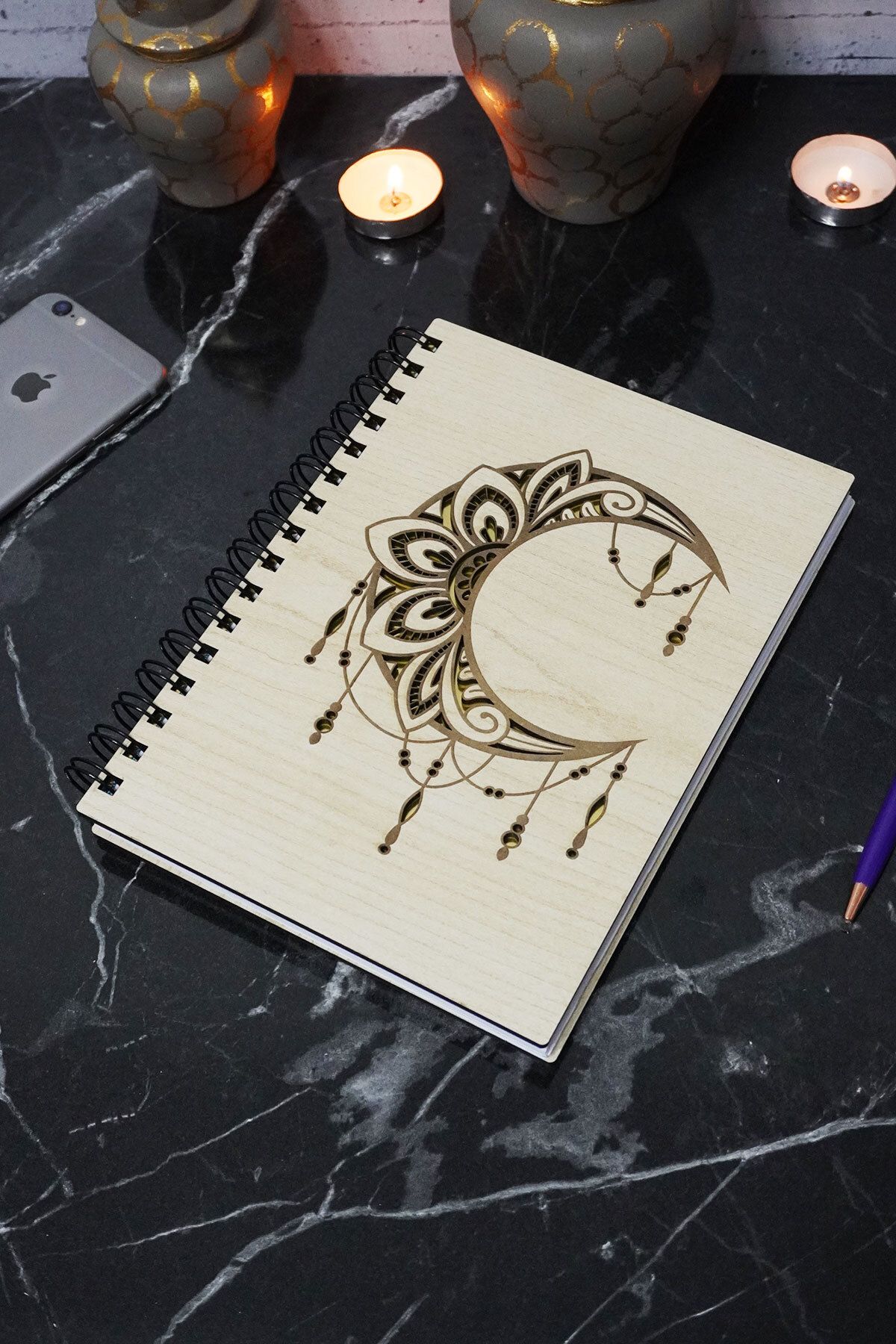 markcat-Mandala Patterned Notebook with Wooden Cover - Unlined Agenda and Daily Use - A5 Memory Book 1