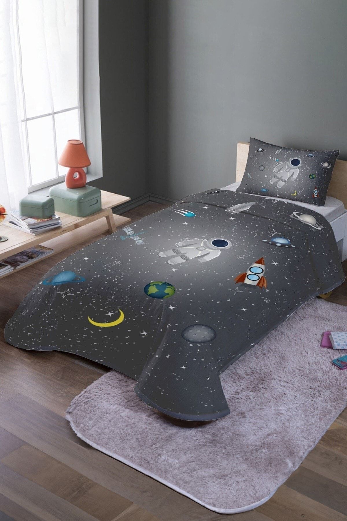 EVPANYA-Gray Space and Little Astonaut Patterned Single Pique Set and Bedspread 2