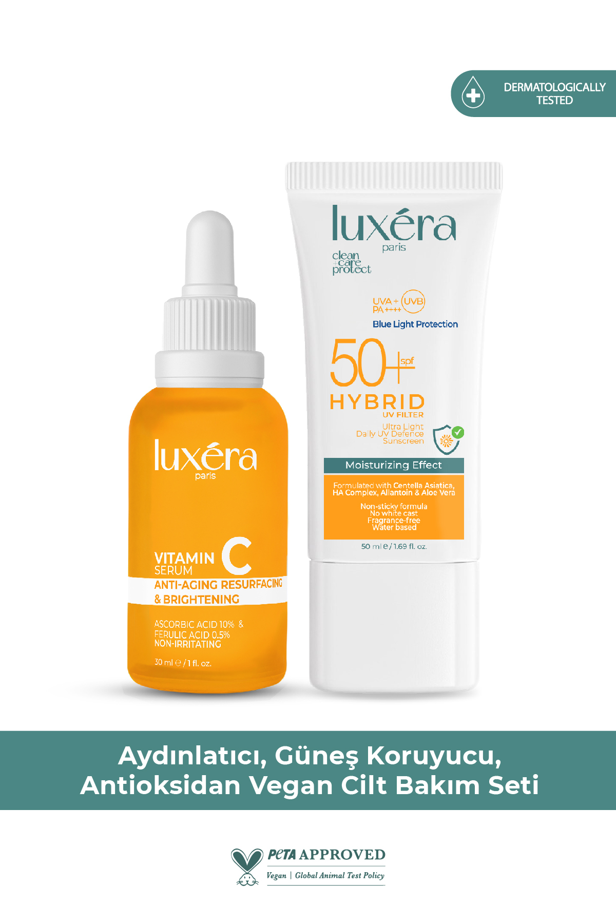 Aydınlatıcı, Güneş Koruyucu, Antioksidan Vegan Cilt Bakım Seti (C VITAMINI + GÜNEŞ KREMİ) — LUX216