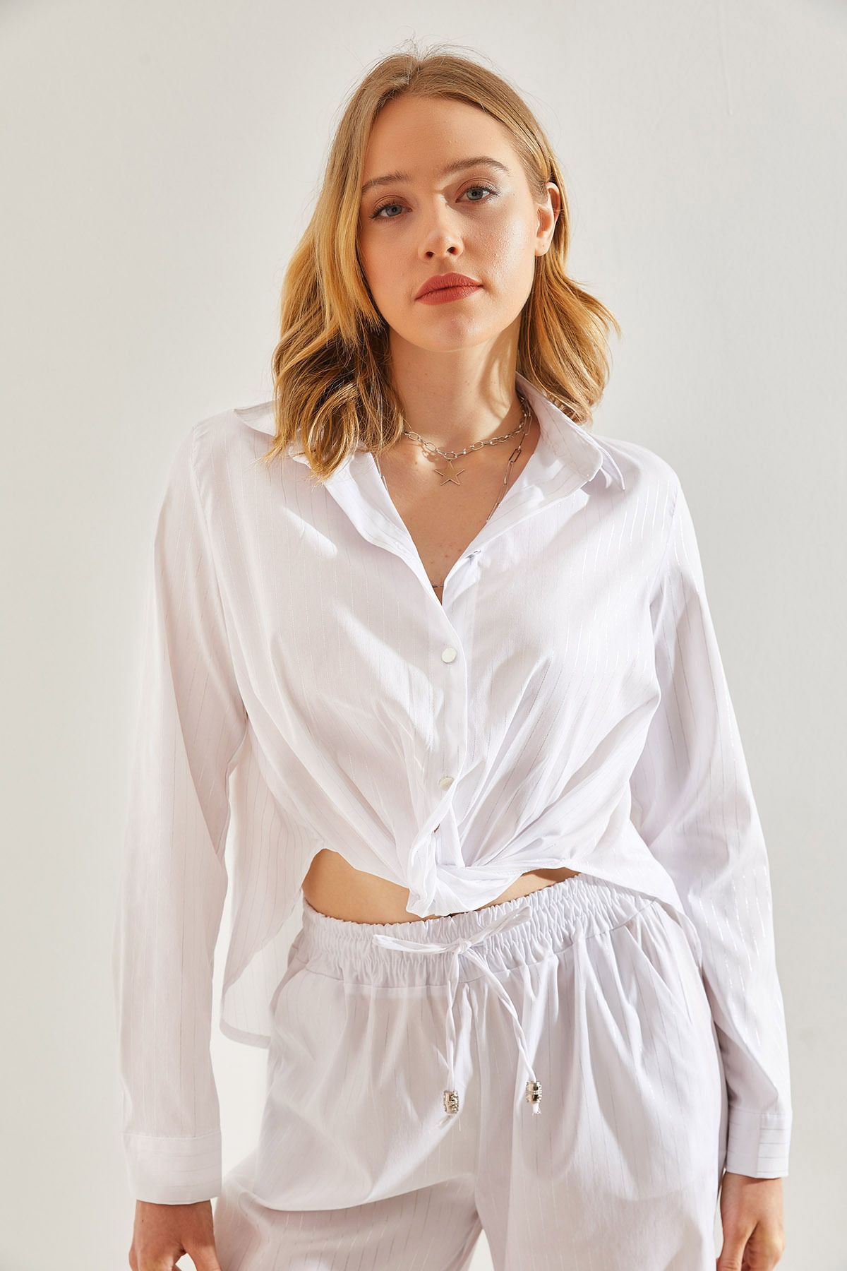 Bianco Lucci-Women's Shiny Striped Shirt - Tie-Up Front, Model60221020 6
