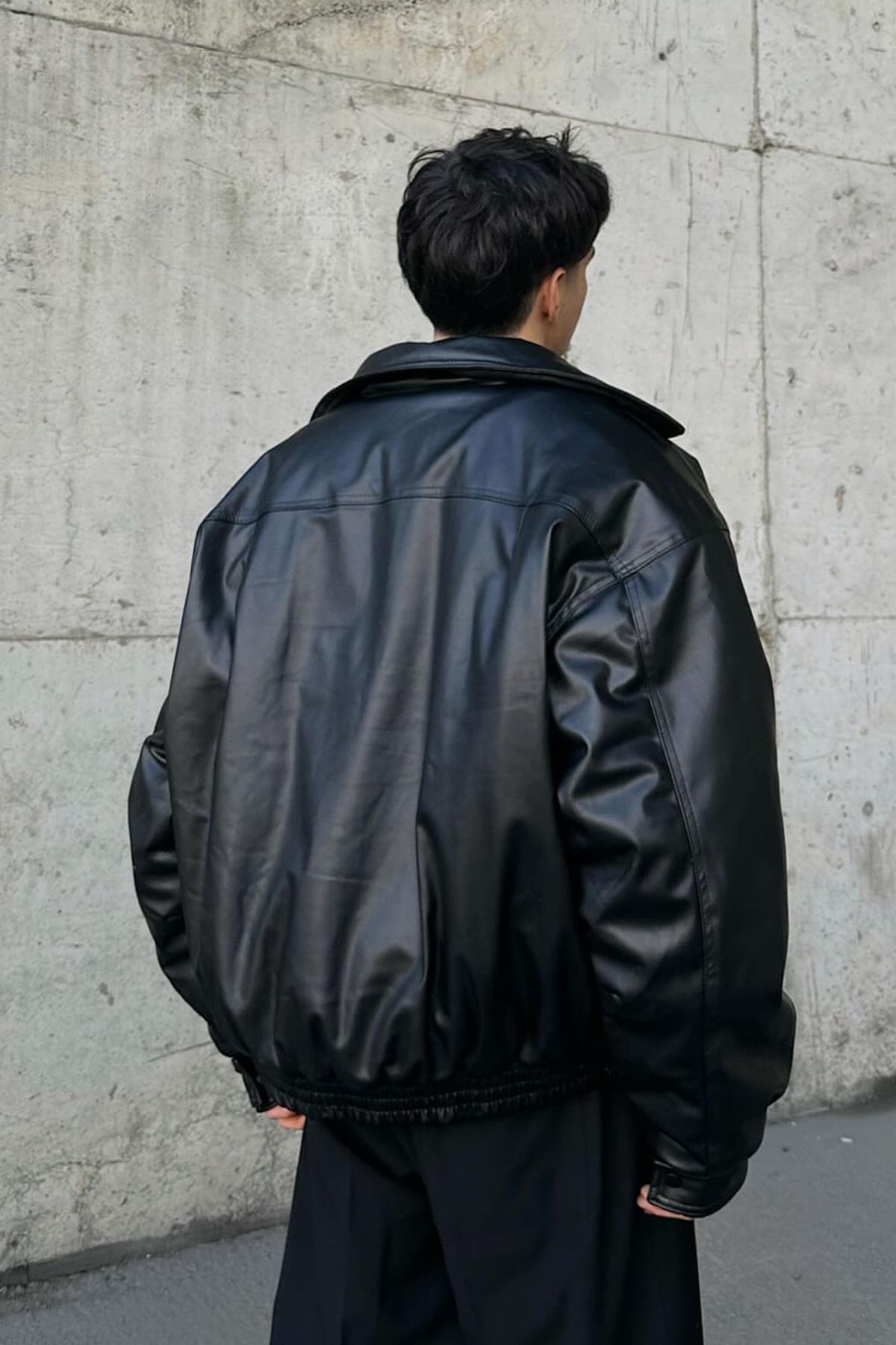 Oversize Vintage Erkek Siyah Deri Ceket