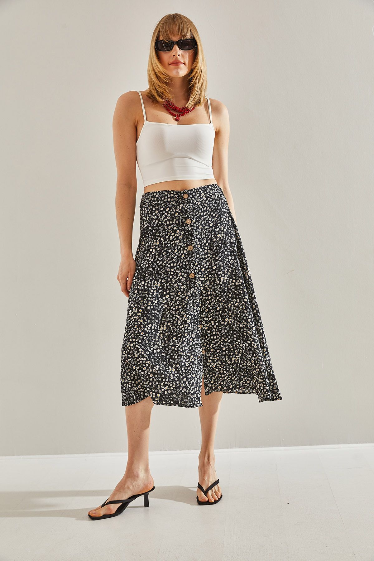 Bianco Lucci-Black Midi Women's Skirt - Patterned with Button Detail and Elastic60251012 2