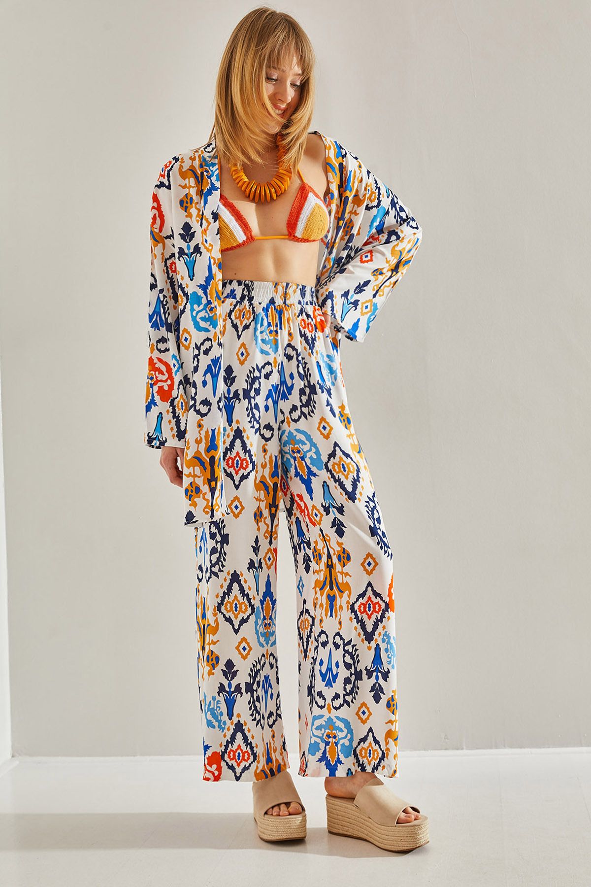 Bianco Lucci-White Viscose Patterned Women's Set with Elastic Waist Pockets -60251011 1