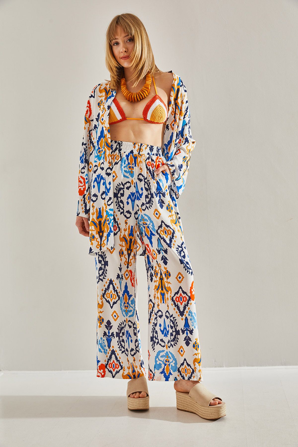 Bianco Lucci-White Viscose Patterned Women's Set with Elastic Waist Pockets -60251011 2