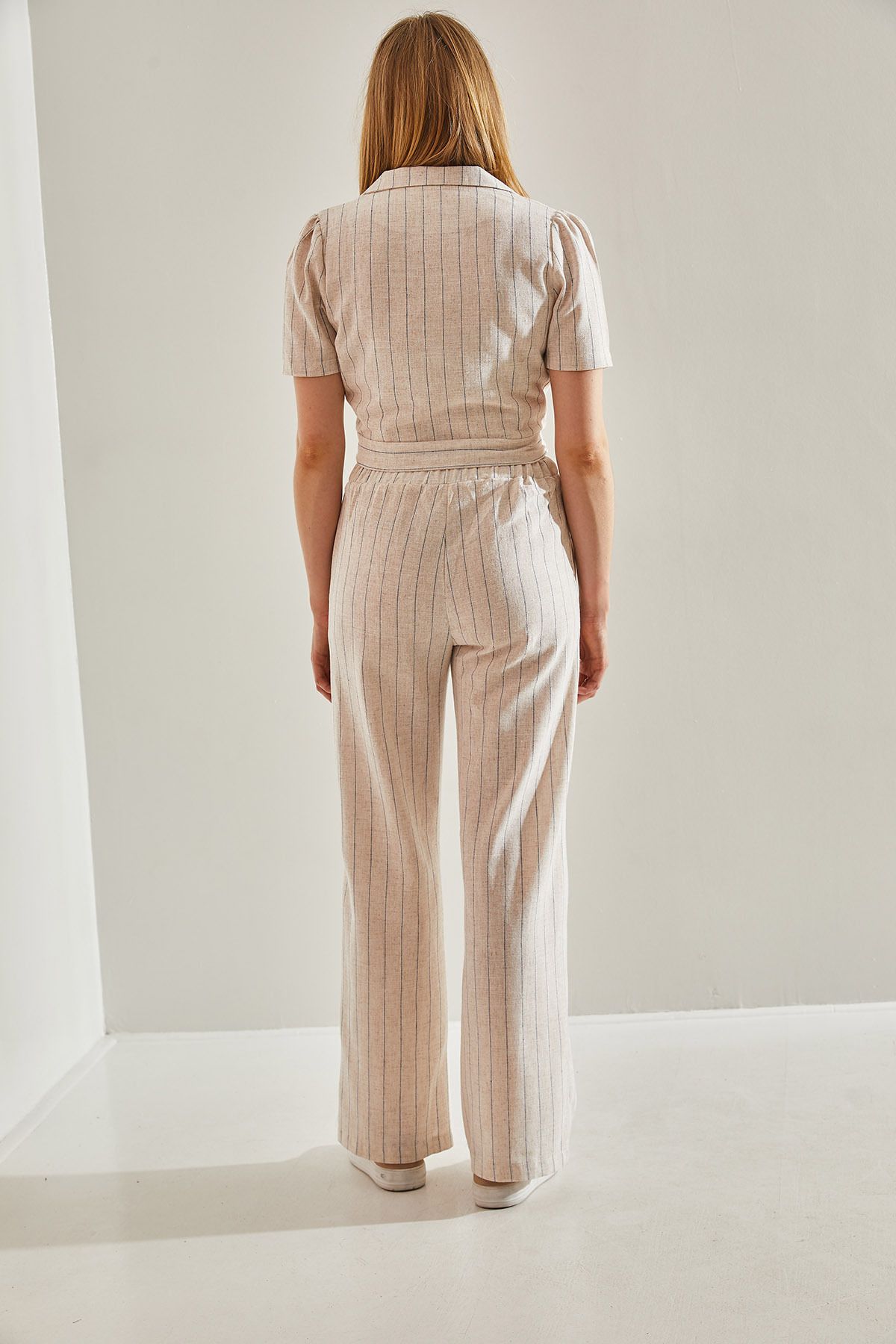 Bianco Lucci-Double-breasted Collar and Button Detailed Palazzo Trousers Set - Elastic Back60251040 3