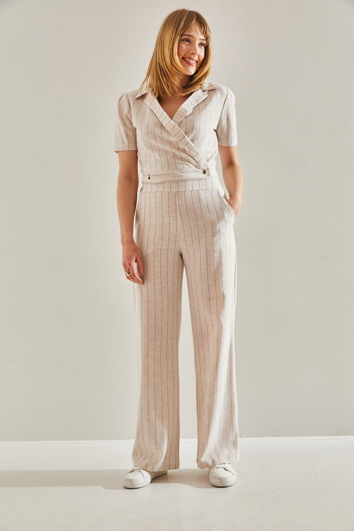 Bianco Lucci-Double-breasted Collar and Button Detailed Palazzo Trousers Set - Elastic Back60251040 5
