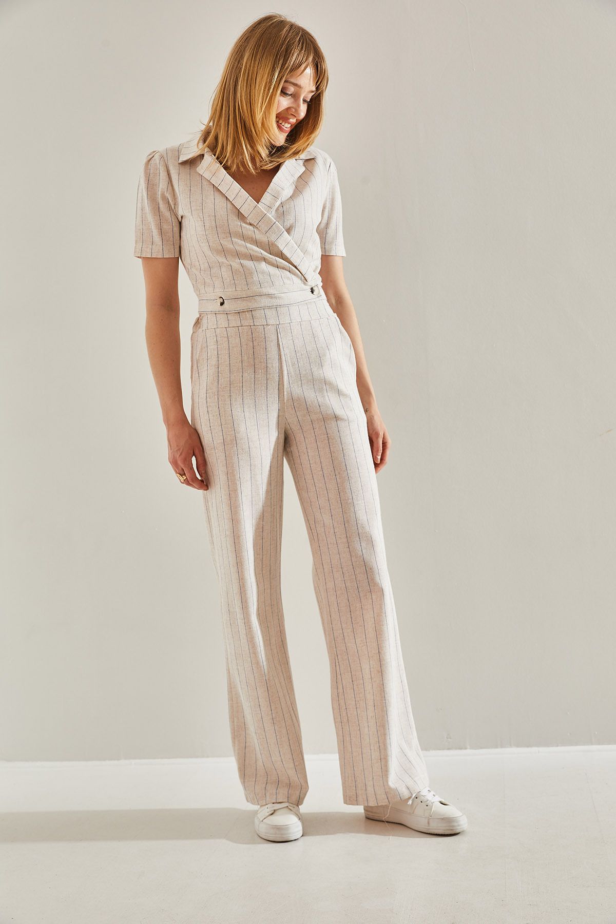 Bianco Lucci-Double-breasted Collar and Button Detailed Palazzo Trousers Set - Elastic Back60251040 6