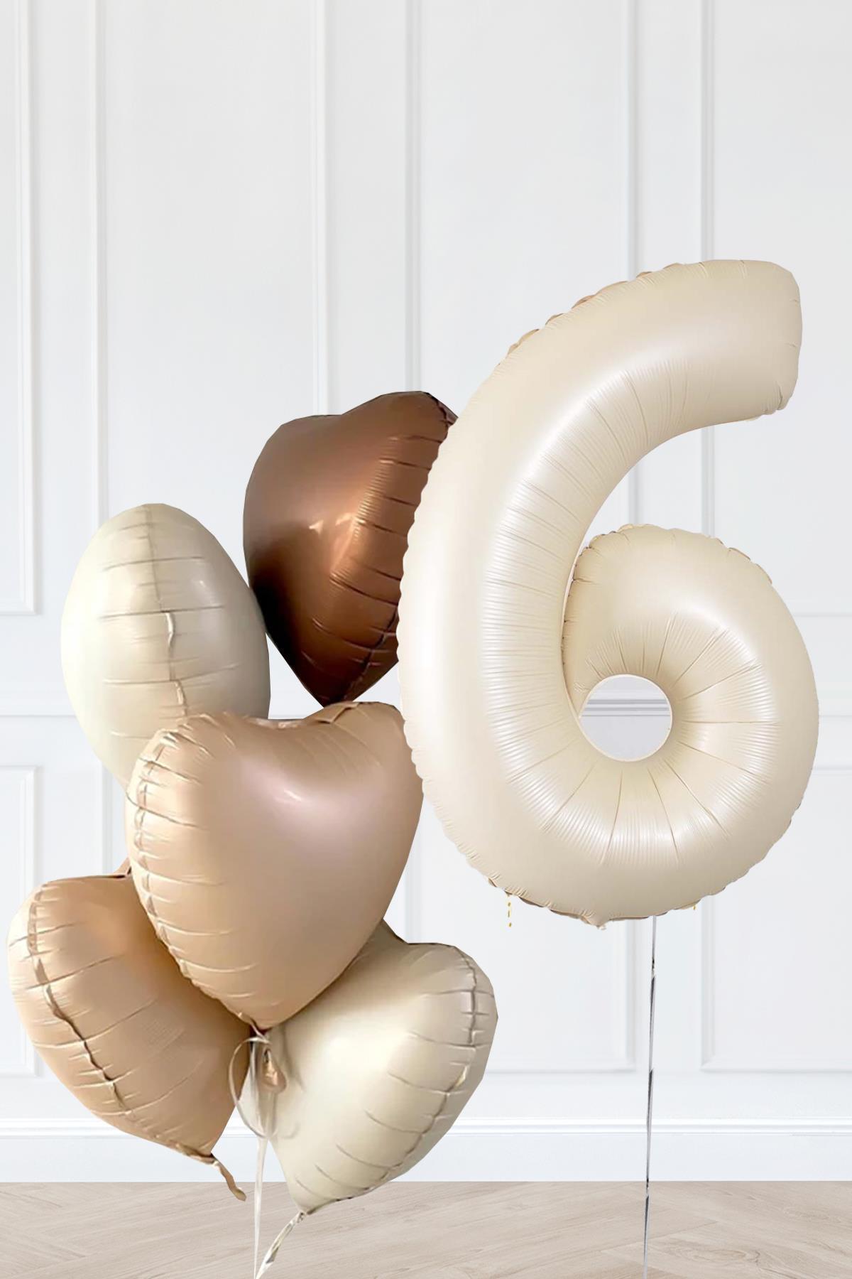 PEKSHOP Retro Krem Yaş Balonlu Karamel Kahve Kalpli Retro Doğum Günü Yaş Balon Seti