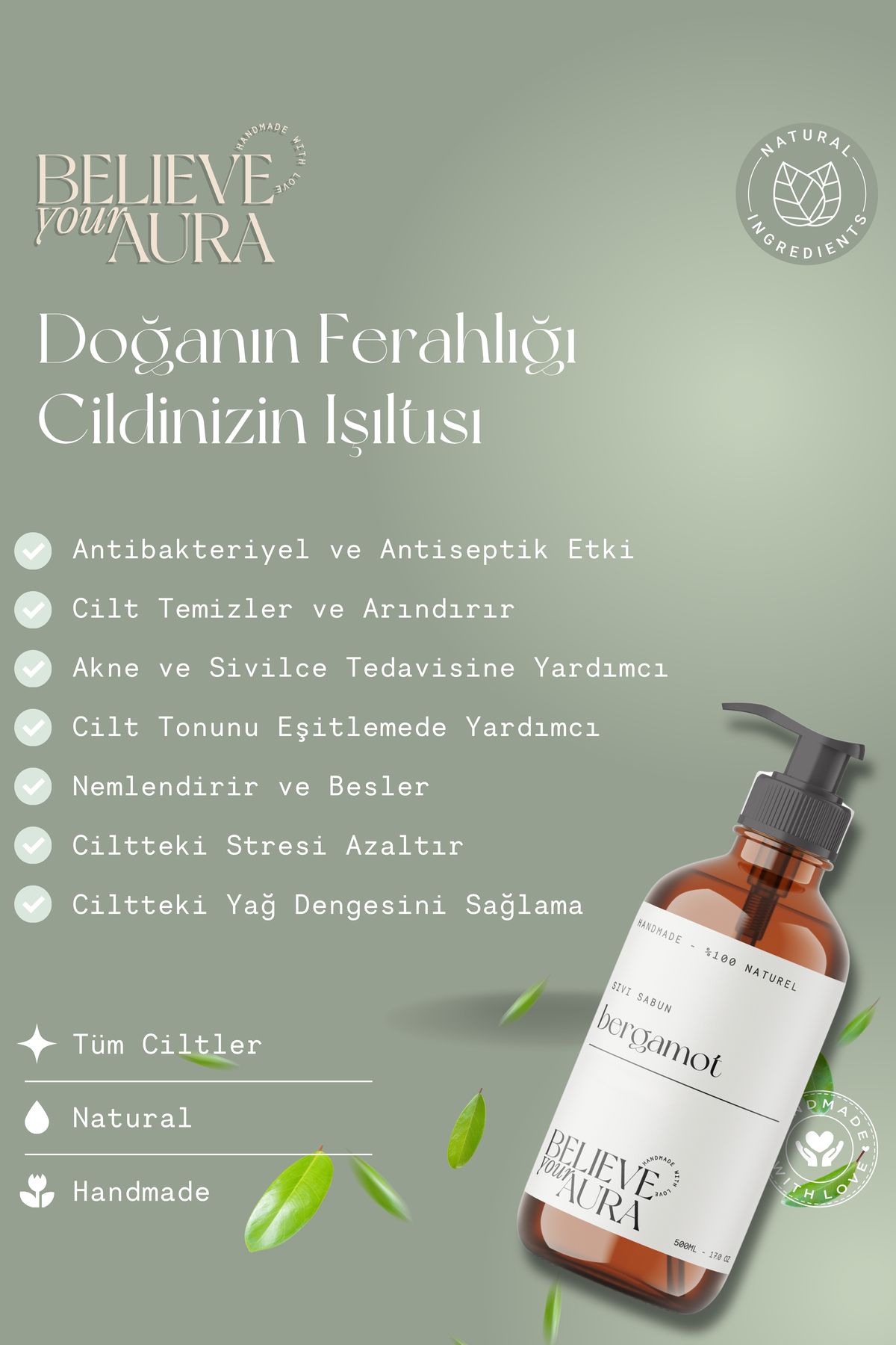 عصاره روغن ترنج صابون مایع طبیعی دست و پوست - ویتامین E-Aloe Vera Extract Shea Butter - 500 ml Believe Your Aura