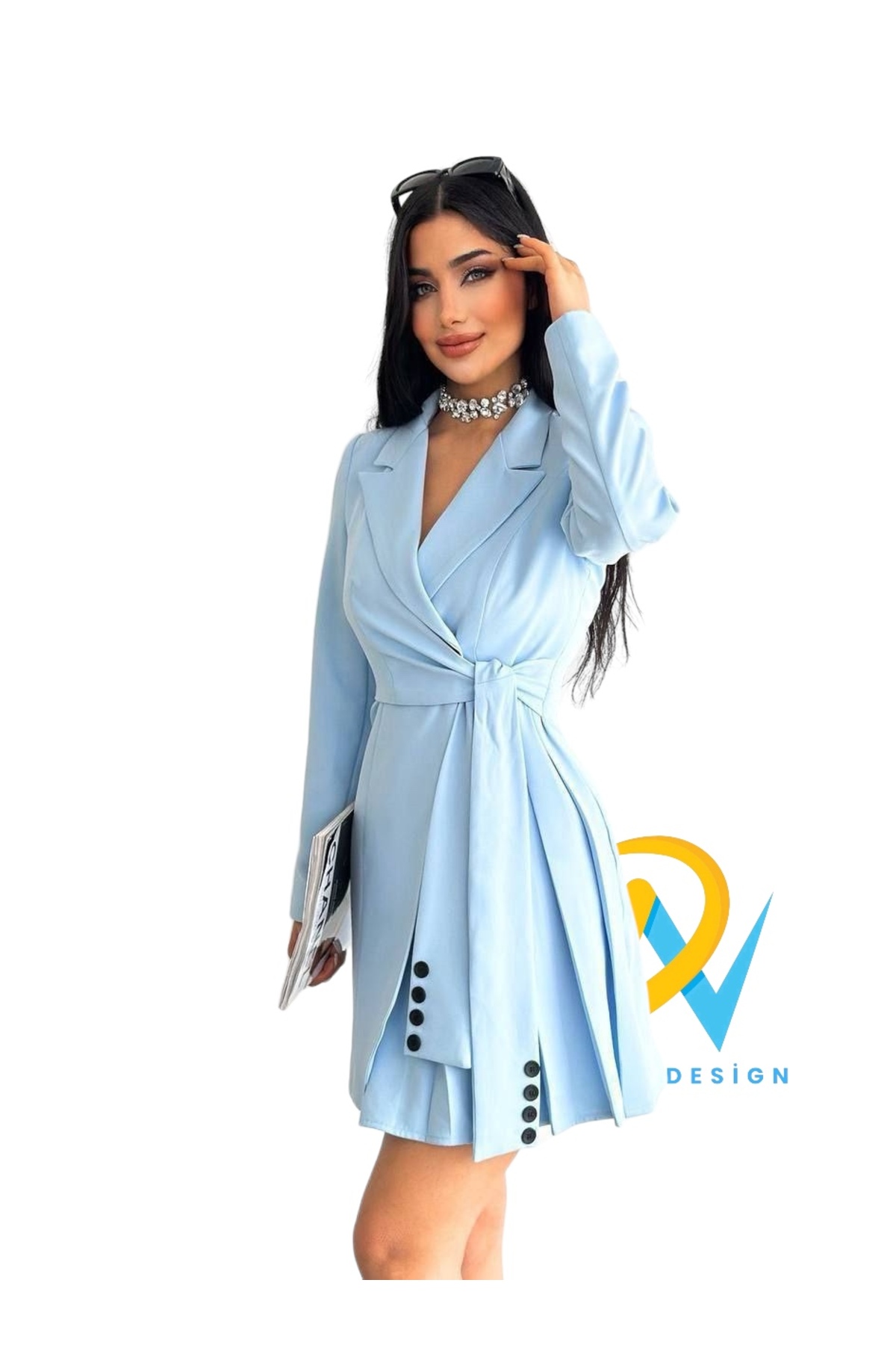 Kadın Uzun Blazer Ceket Elbise Mavi Düz Kesim