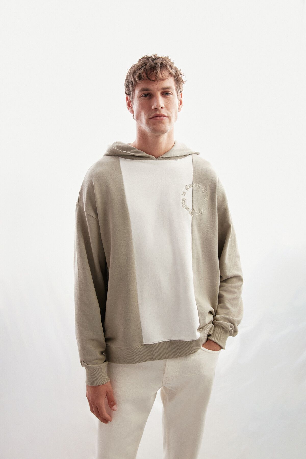 GRIMELANGE-Timothy Men's Contrast Piece Embroidered Hooded Light Khaki Sweatshirt 3