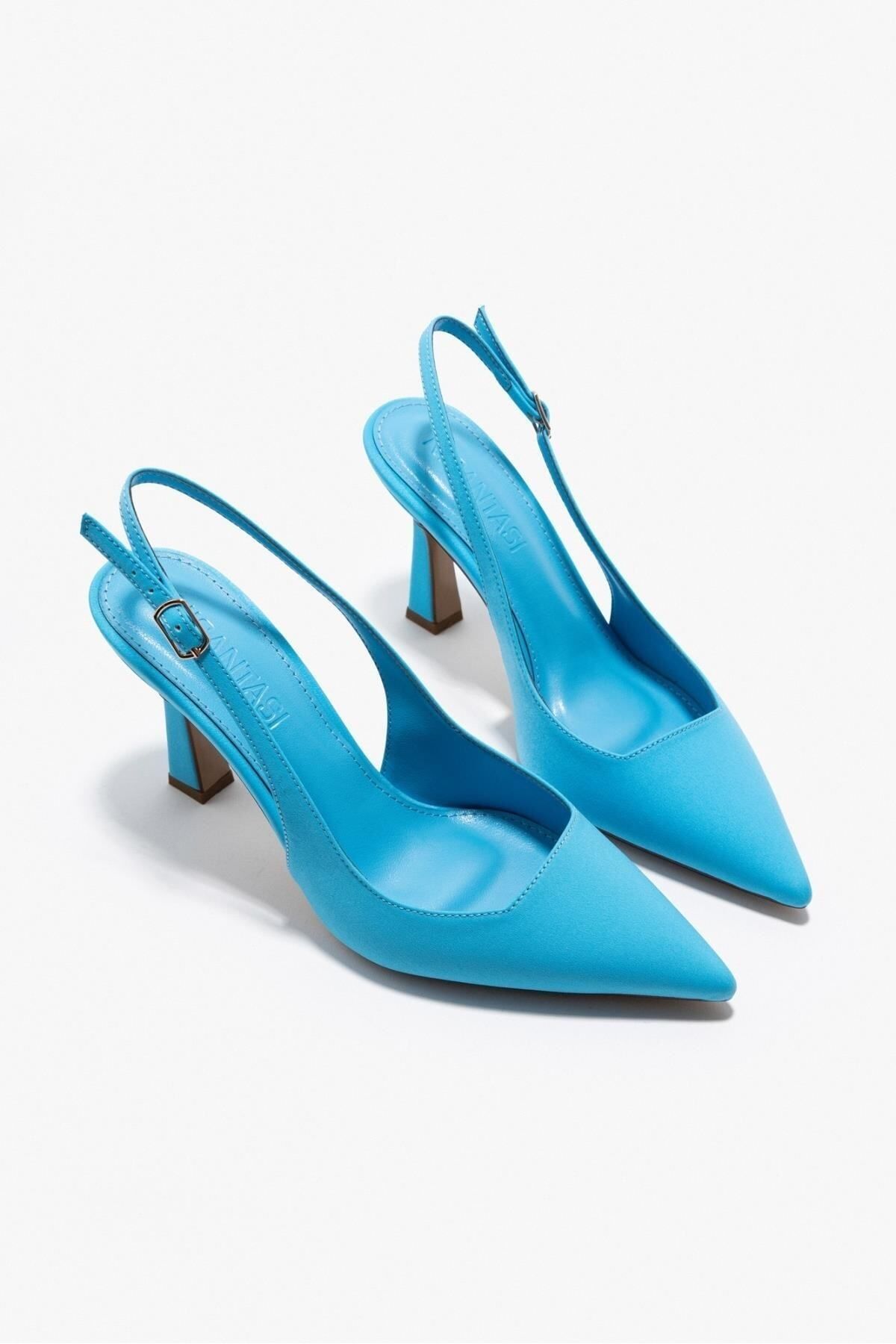 NİŞANTAŞI SHOES-Mystische Damen-High-Heels-Schuhe aus hellblauem Satin mit spitzer Zehenpartie und Schnürung hinten 7