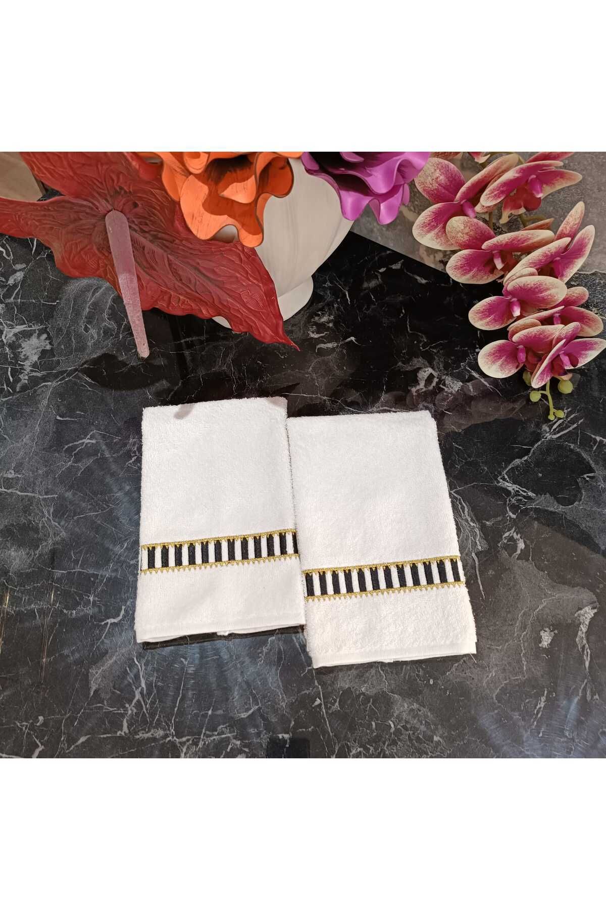 Pip Studio Desenli Siyah Beyaz Ve Gold Detaylı Nakışlı Dekoratif Mutfak Ve Banyo Havlusu 2 Adet