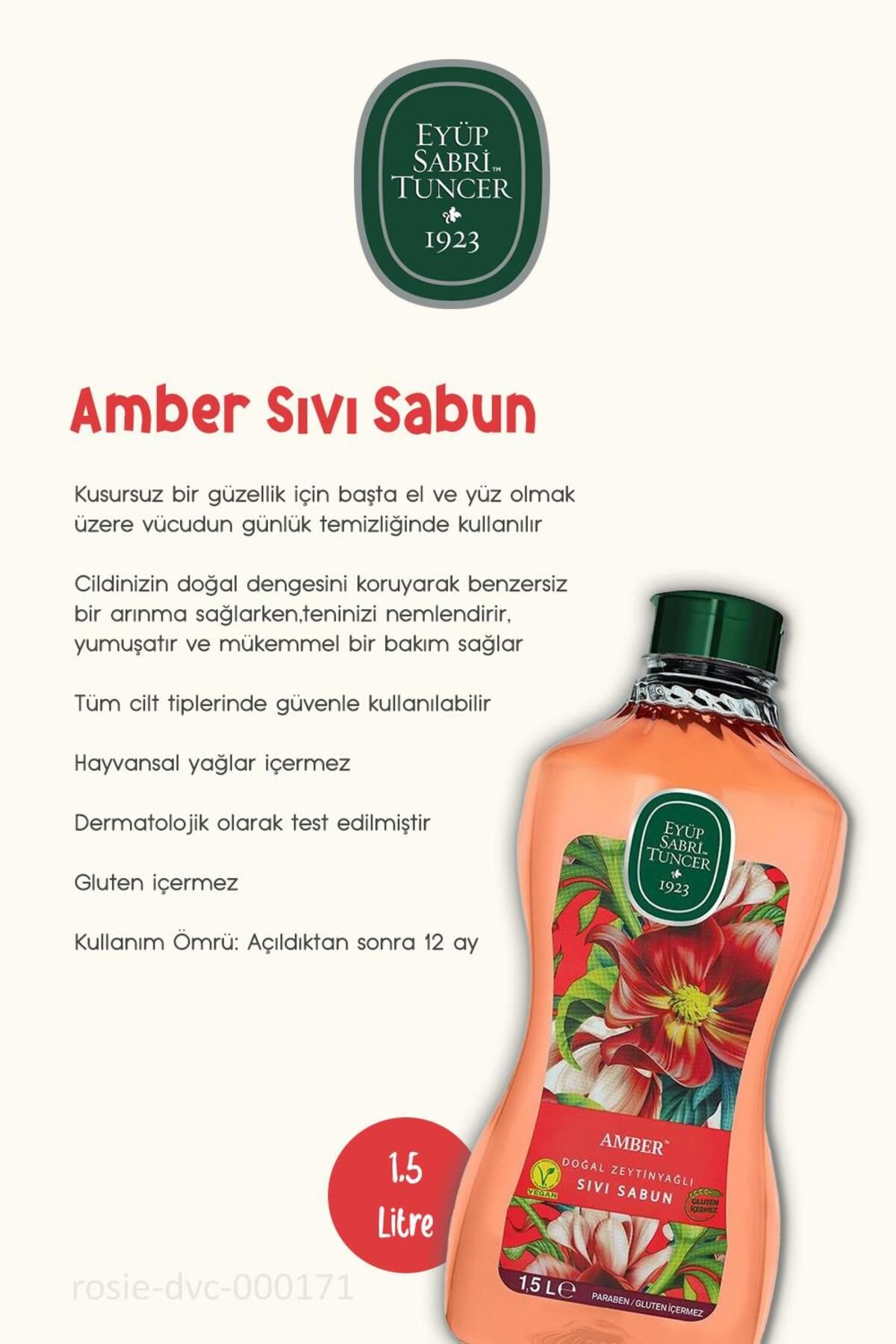 صابون مایع روغن زیتون طبیعی کهربا 1.5 لیتری و پنبه رزی Eyüp Sabri Tuncer