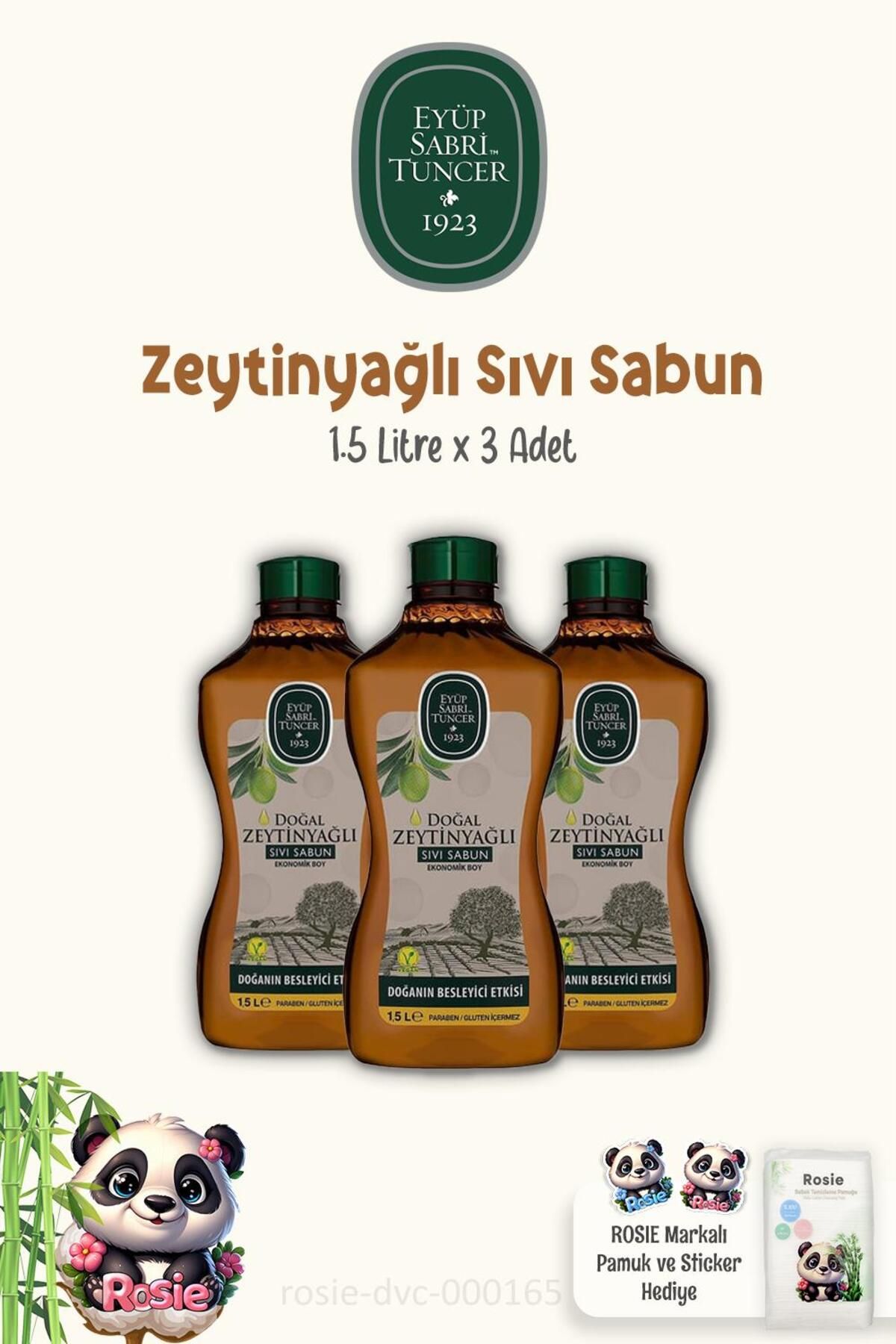 صابون مایع روغن زیتون طبیعی 3 عدد ایوپ صبری تونسر 1.5 لیتری و پنبه رزی Eyüp Sabri Tuncer