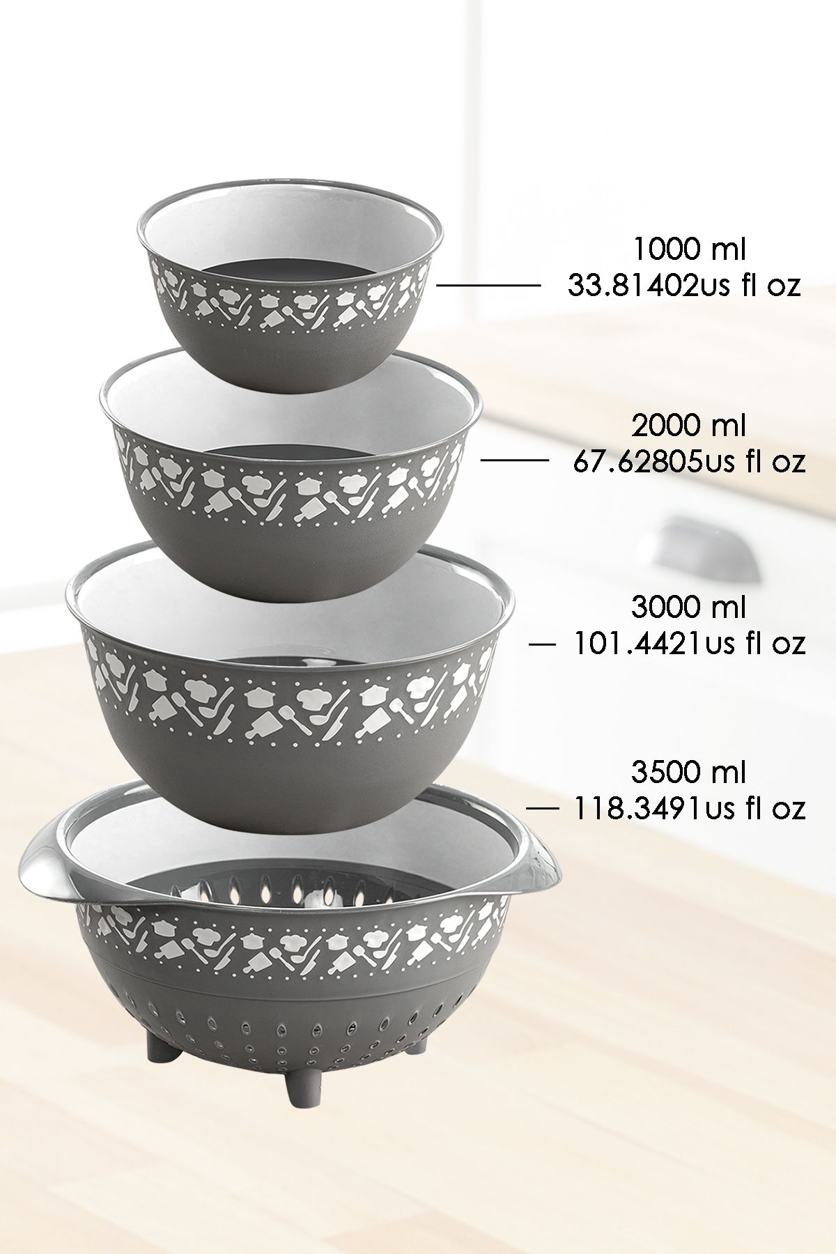 Meleni Home-Anthracite 4-Piece Round Bowl and Strainer Set - Basin Set with Whisk and Strainer 7