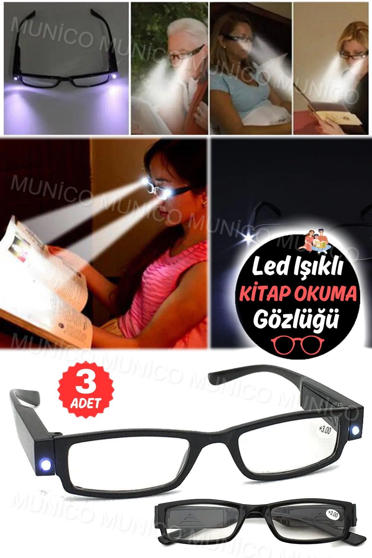 Munico 3 Adet Yaşlılar İçin Işıklı Gözlük Görmeyi Arttıran Led Aydınlatma Okuma Gözlüğü Dayanıklı Tasarım