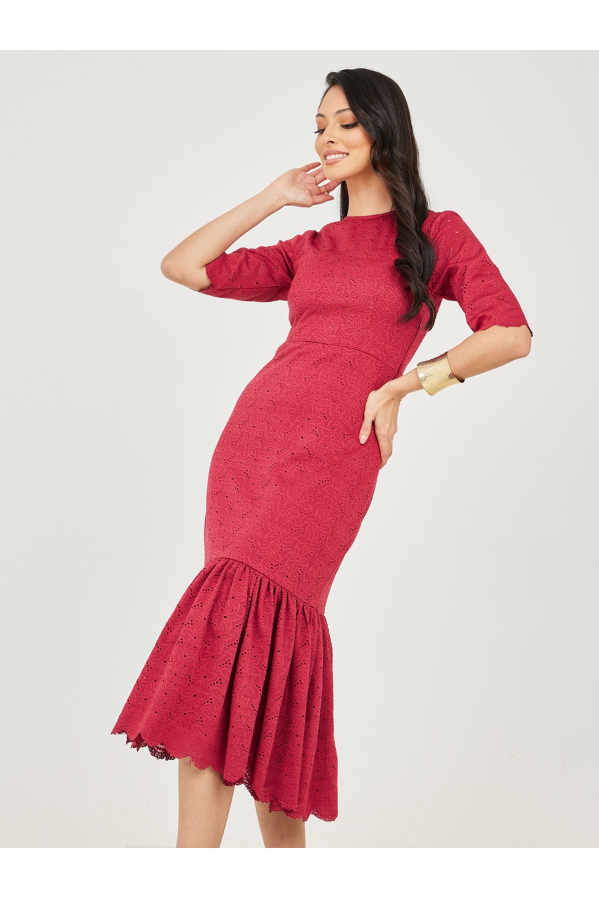 Styli-Broderie Frill Hem Sheath Midi Dress 1