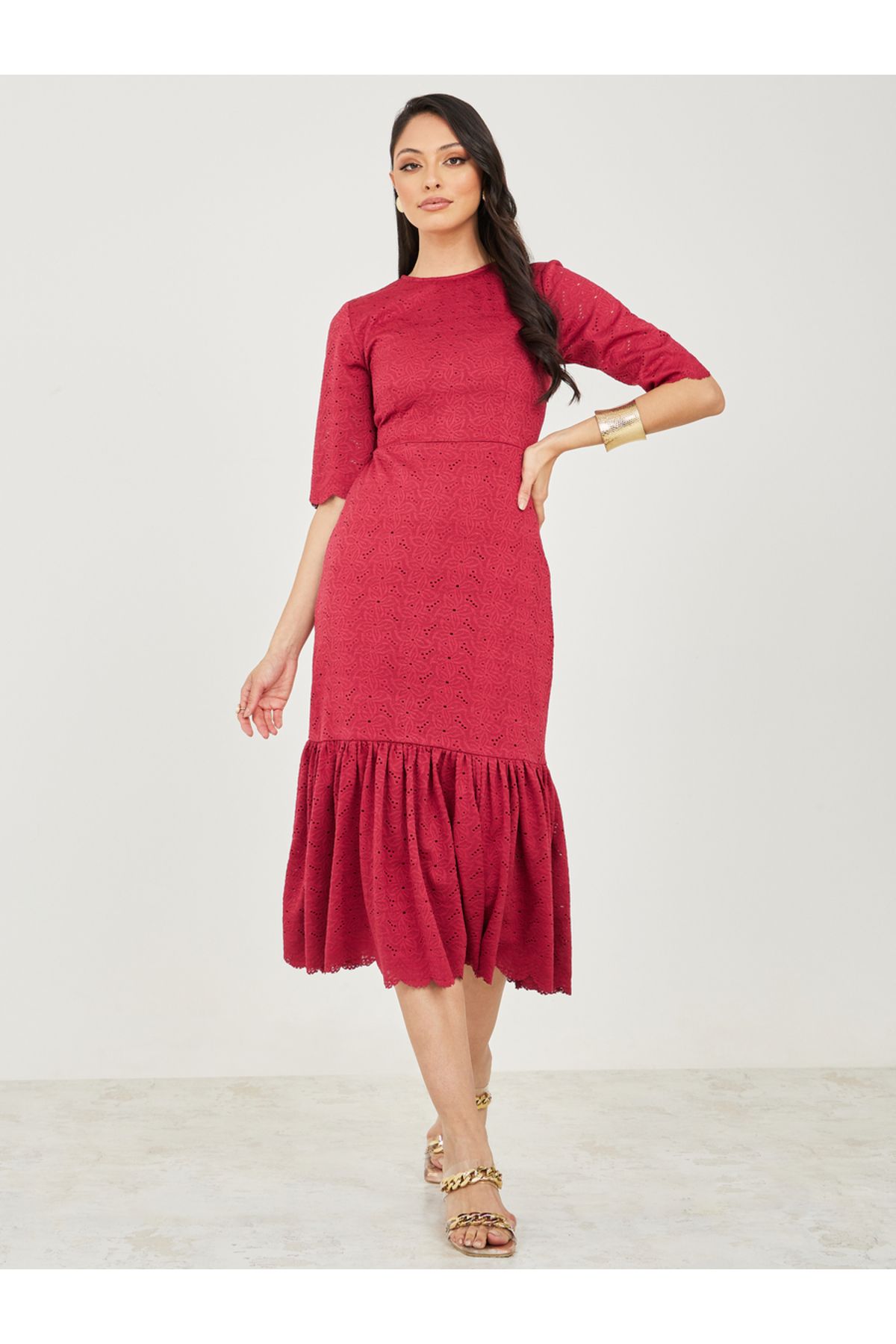 Styli-Broderie Frill Hem Sheath Midi Dress 2