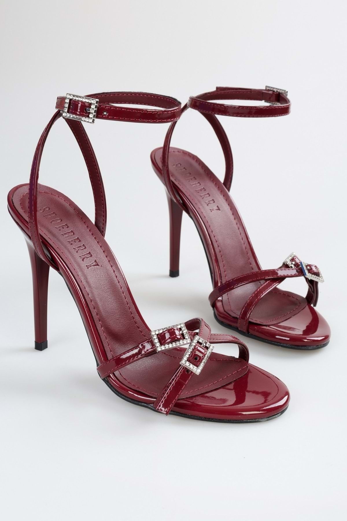 Shoeberry Damskie Buty Na Obcasie Slayn W Kolorze Bordowo-czerwonym Z Lakierowanej Skóry – Z Paskiem I Klamrą Kobieta - 36