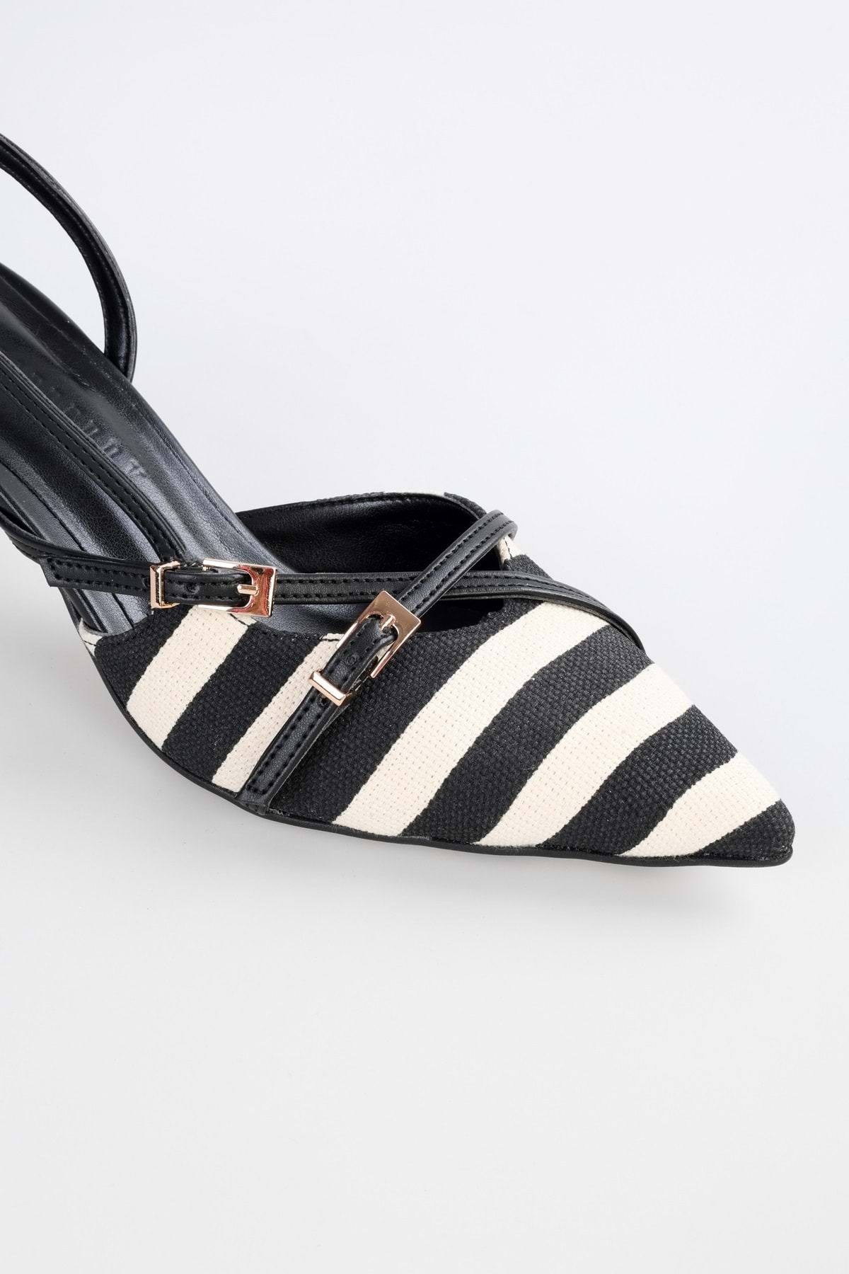 Shoeberry-Czarne lniane szpilki w paski – damskie buty na obcasie 5