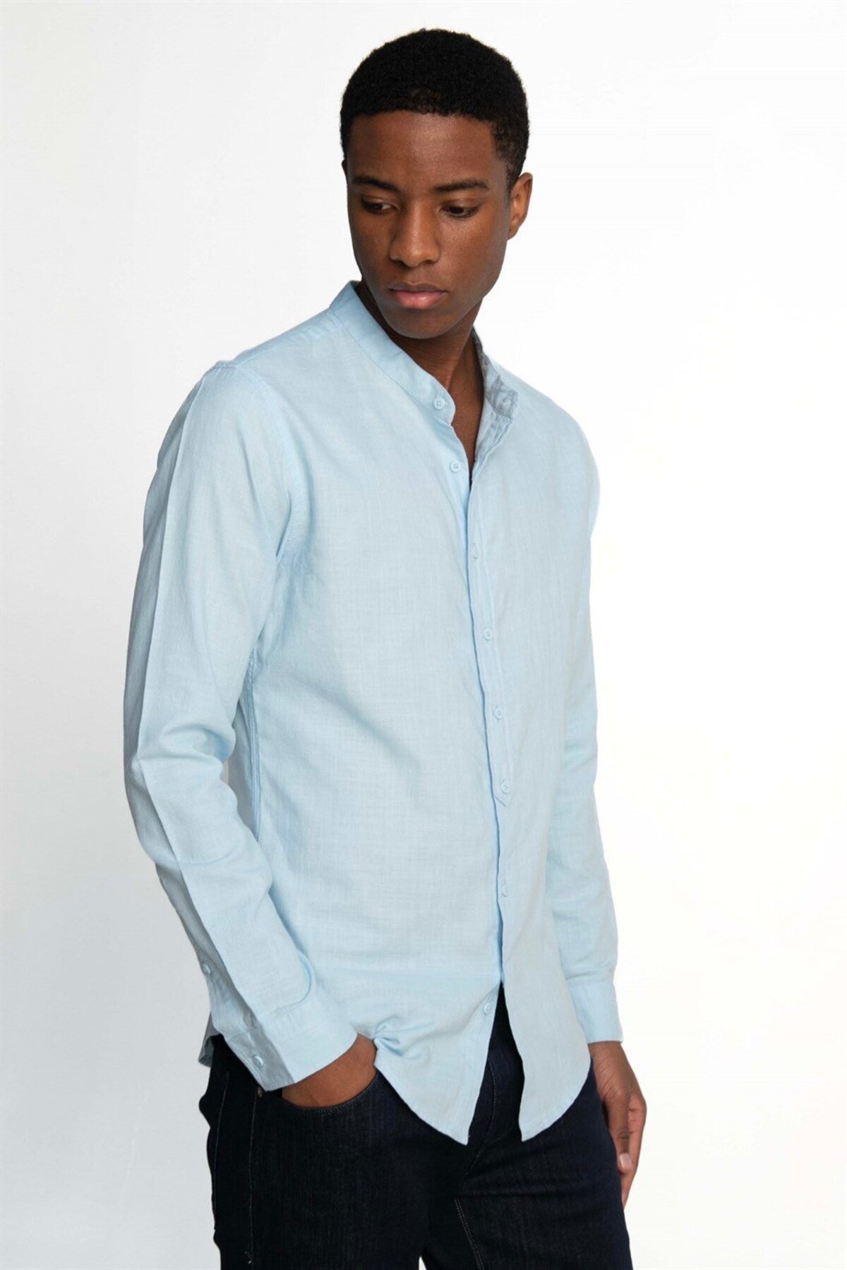 Men's Slim Fit Slim Fit Long Sleeve 100% Cotton Linen Texture Dominant Collar Blue Shirt