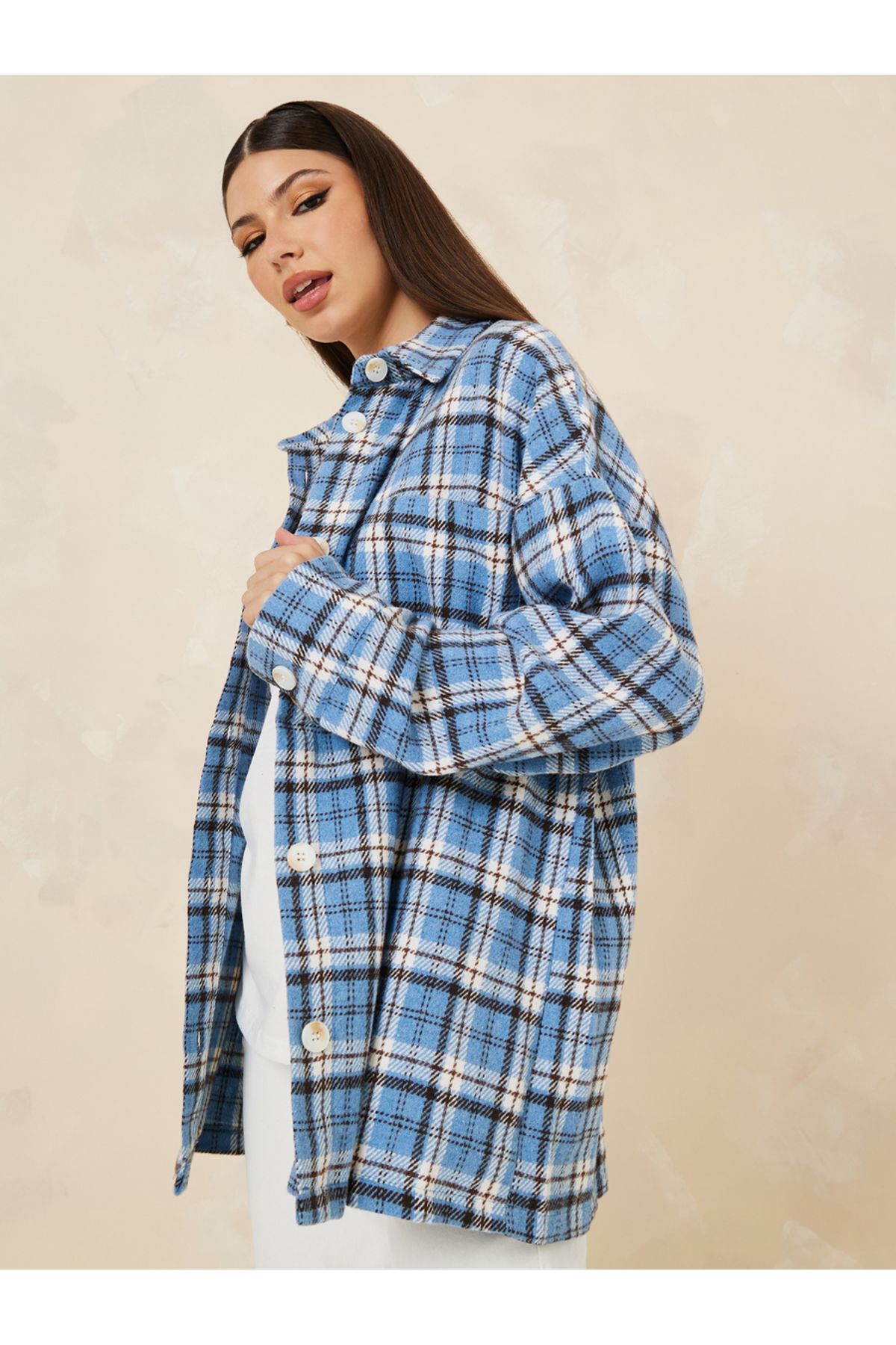 Styli-Oversized Checked Design Wool Like Shacket 3