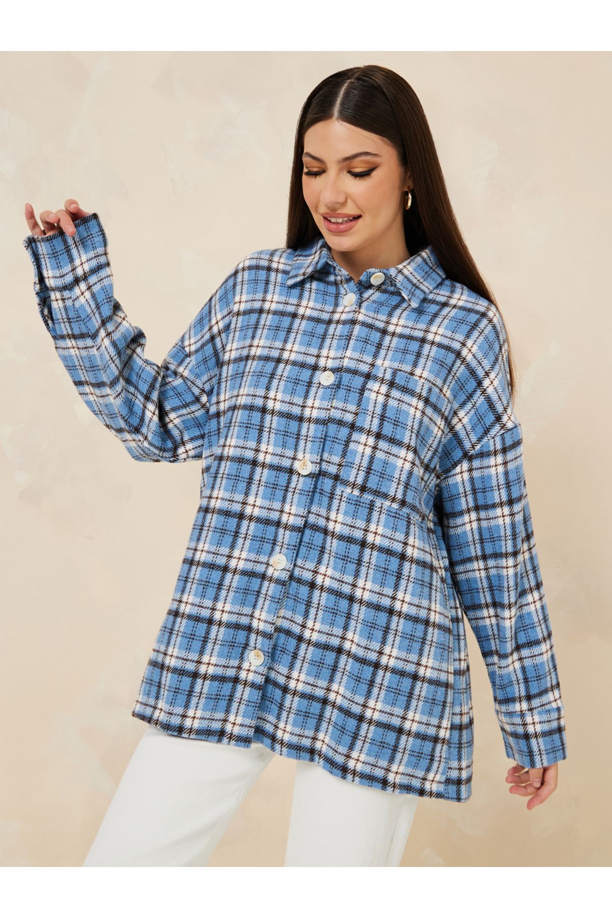 Styli-Oversized Checked Design Wool Like Shacket 4