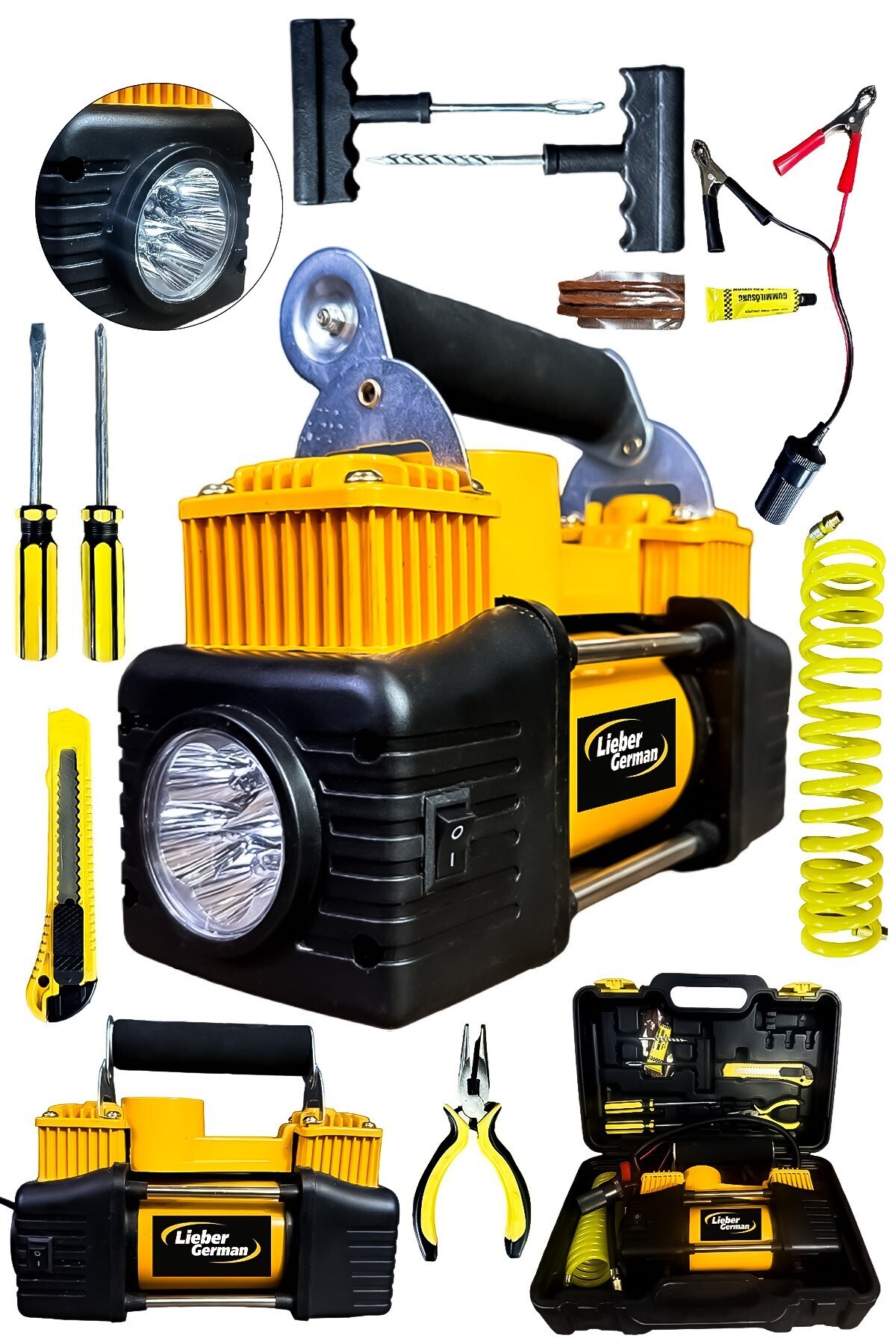 Lieber German Teknoloji Çift Pistonlu 12 V 165 Psi Dakikada 105 Lt Araç Araba Lastik Bot Şişirme Kompresörü