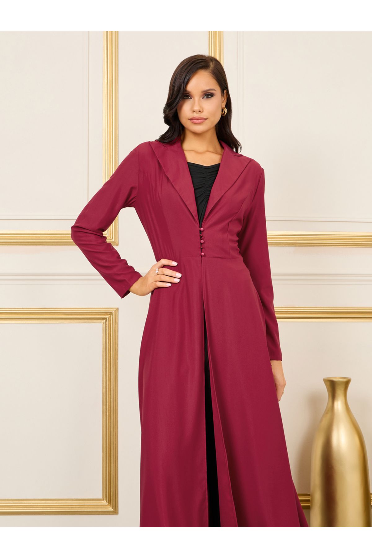 Styli-Button Loop Closure Collared Tailored Maxi Kimono 2