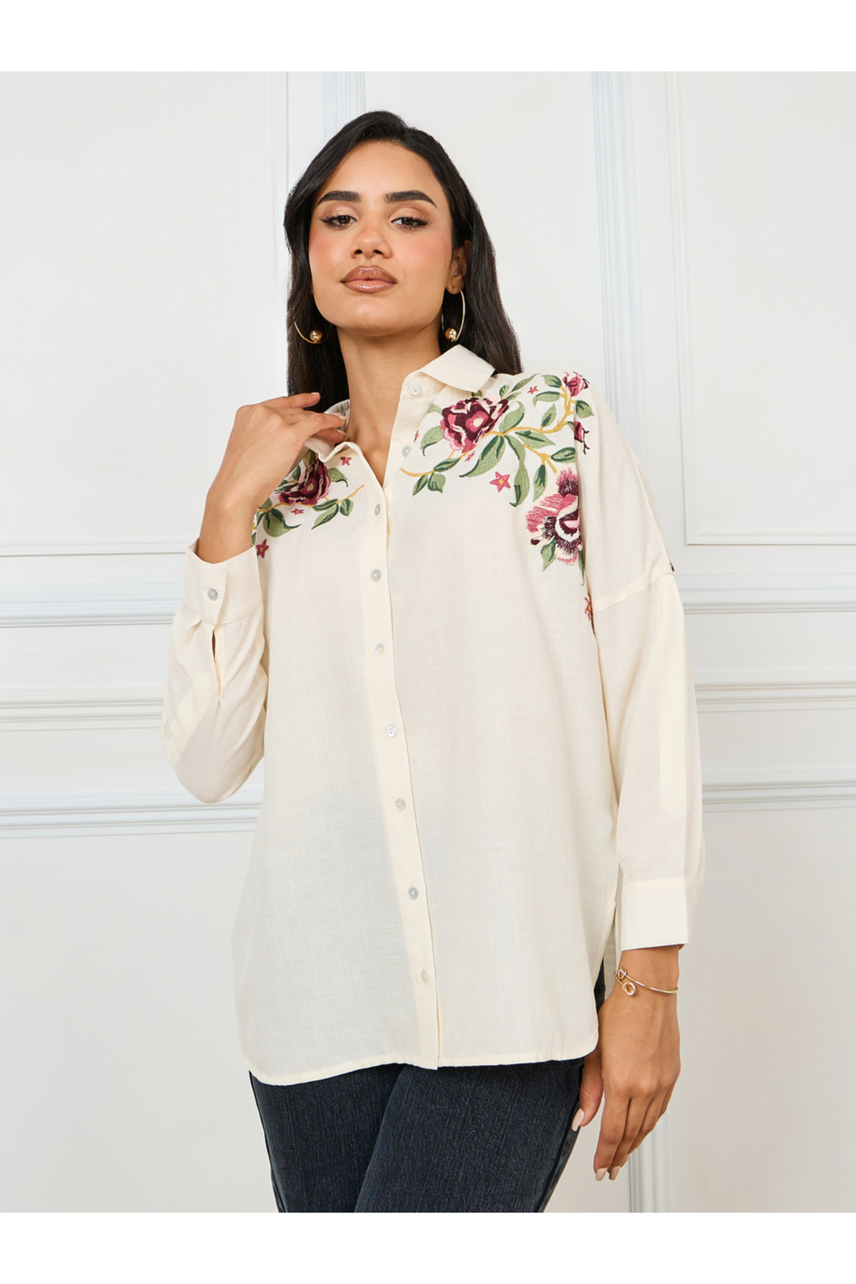 Styli Embroidered Yoke Oversized Longline Shirt