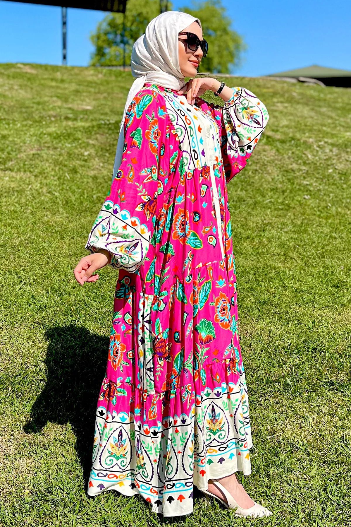 julude-Fuchsia Viscose Hijab Dress - Buttoned and Patterned 2
