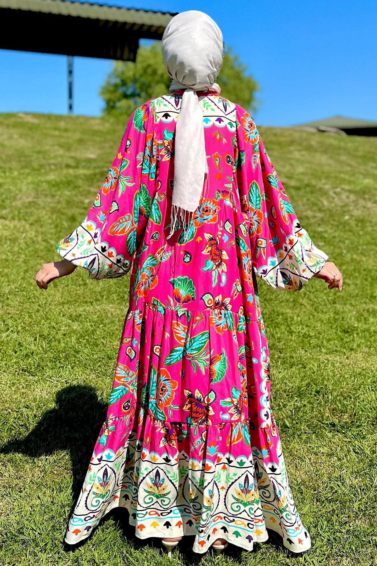 julude-Fuchsia Viscose Hijab Dress - Buttoned and Patterned 3