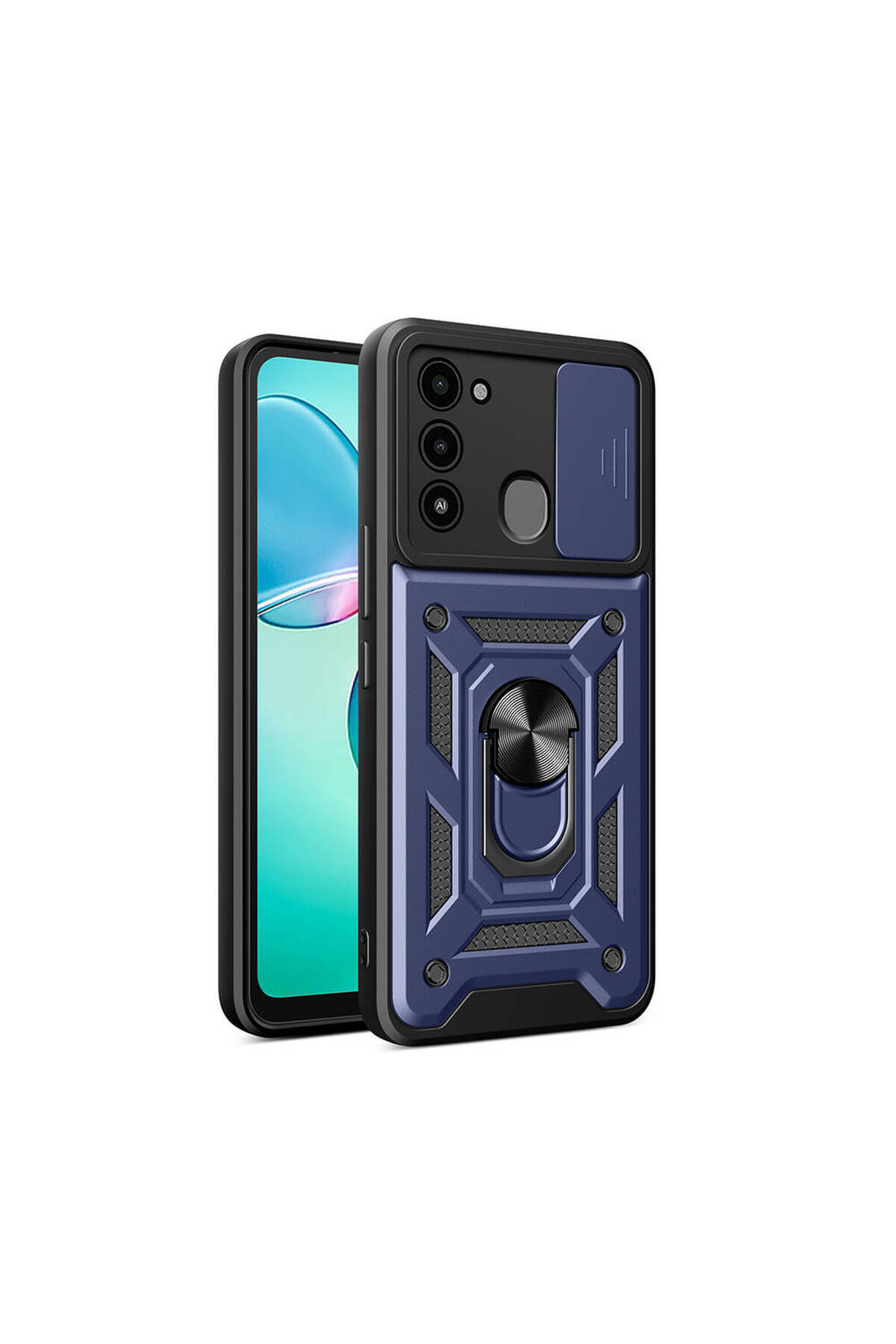 Tecno Spark 8C Kapak Lens Sürgülü Kamera Korumalı Yüzüklü Stantlı Tank Kılıf - Lacivert