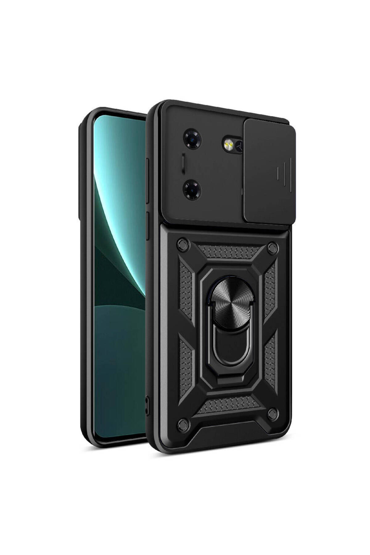 Tecno Pova 5 Kapak Lens Sürgülü Kamera Korumalı Yüzüklü Stantlı Tank Kılıf - Siyah