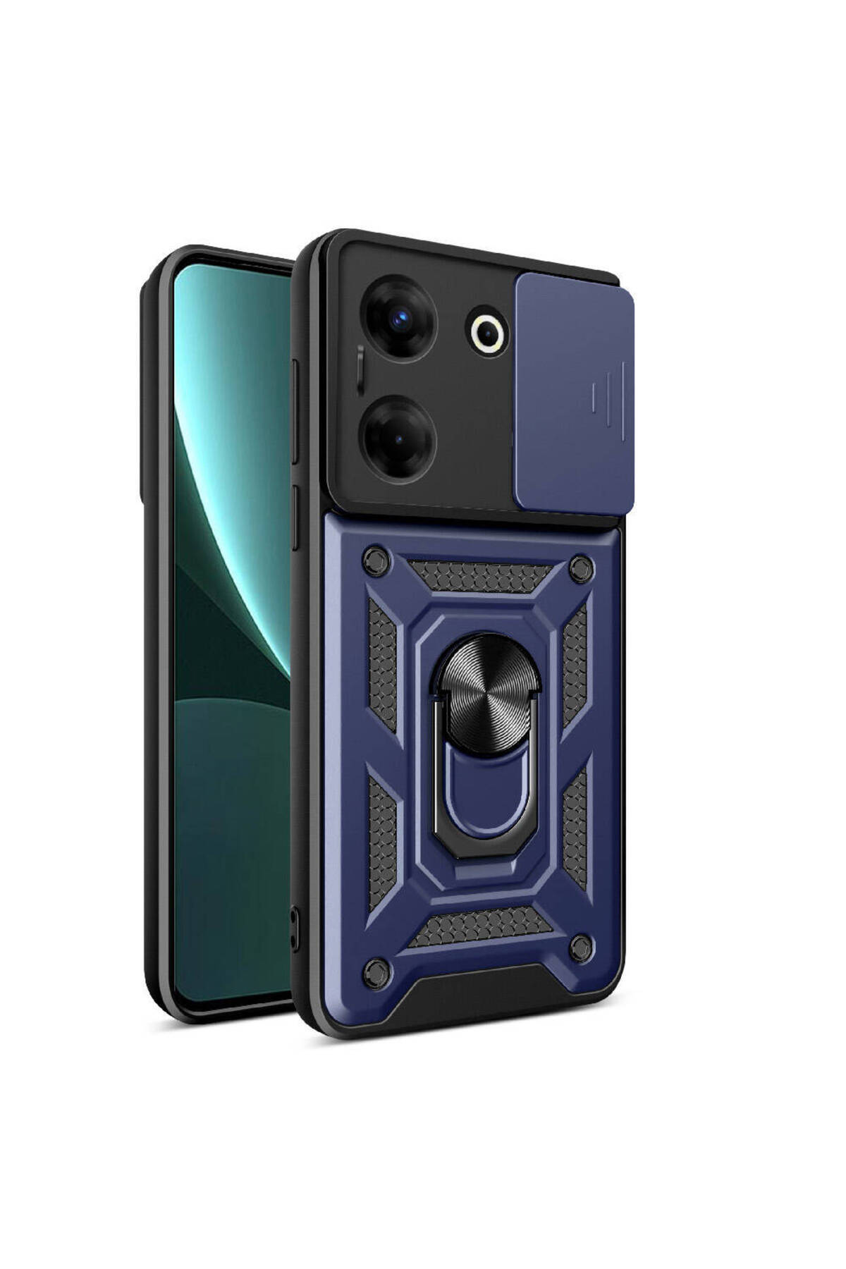 Tecno Camon 20 Kapak Lens Sürgülü Kamera Korumalı Yüzüklü Stantlı Tank Kılıf - Lacivert