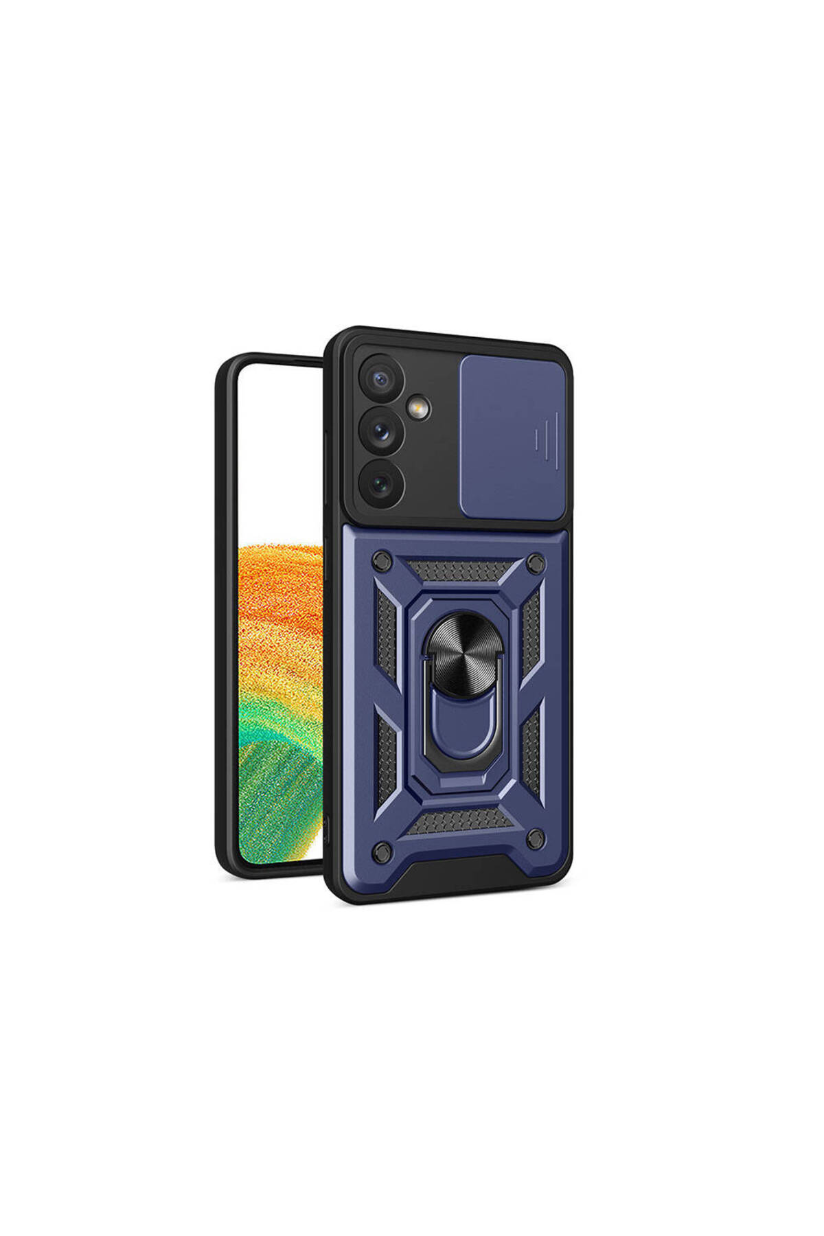 Samsung Galaxy A34 Kapak Lens Sürgülü Kamera Korumalı Yüzüklü Stantlı Tank Kılıf - Lacivert