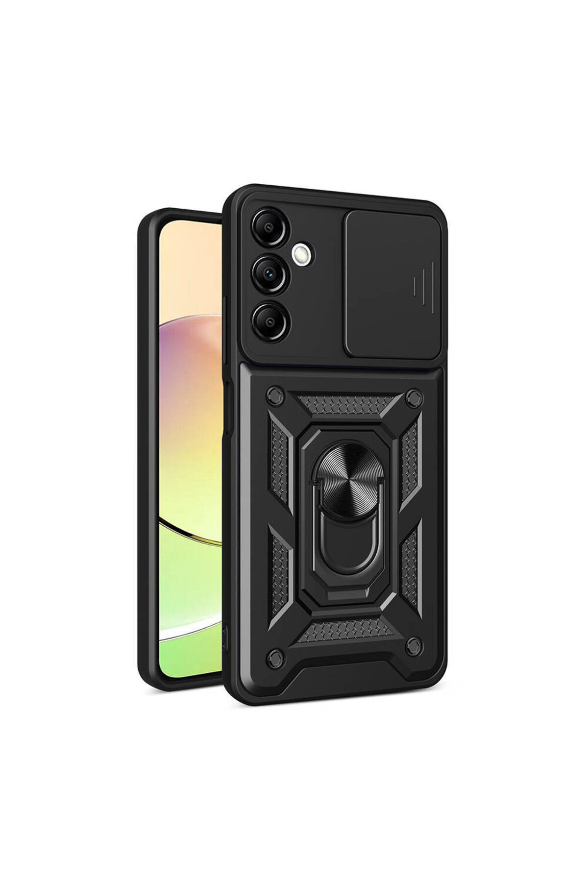 Samsung Galaxy A14 Kapak Lens Sürgülü Kamera Korumalı Yüzüklü Stantlı Tank Kılıf - Siyah