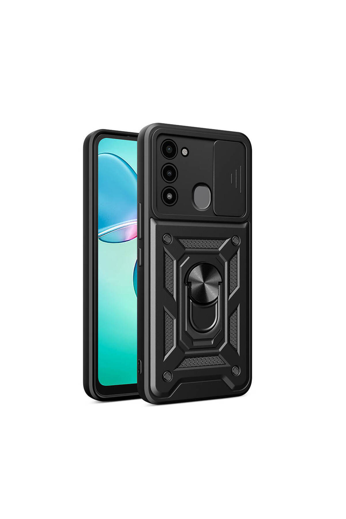Tecno Spark 8C Kapak Lens Sürgülü Kamera Korumalı Yüzüklü Stantlı Tank Kılıf - Siyah