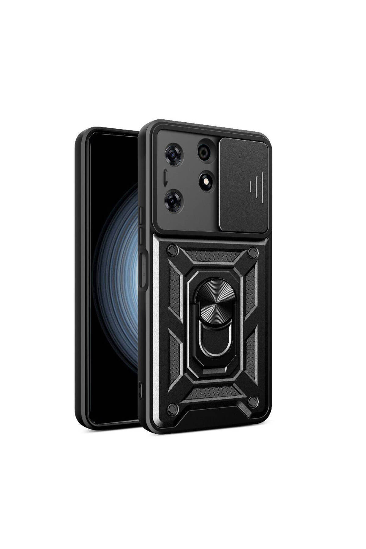 Tecno Spark 10 Pro Kapak Lens Sürgülü Kamera Korumalı Yüzüklü Stantlı Tank Kılıf - Siyah