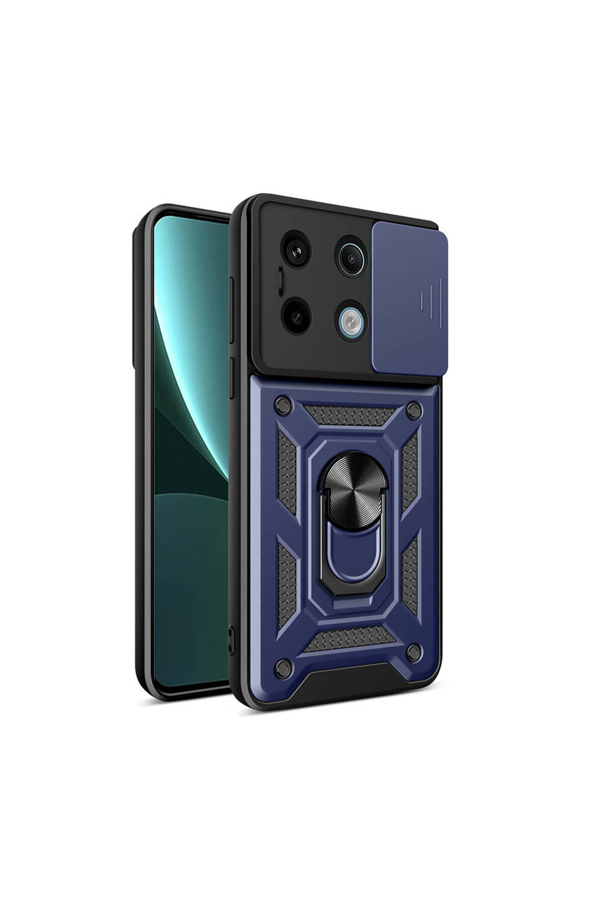 Xiaomi Redmi Note 13 Pro 5G Lens Sürgülü Kamera Korumalı Yüzüklü Stantlı Tank Kılıf - Lacivert