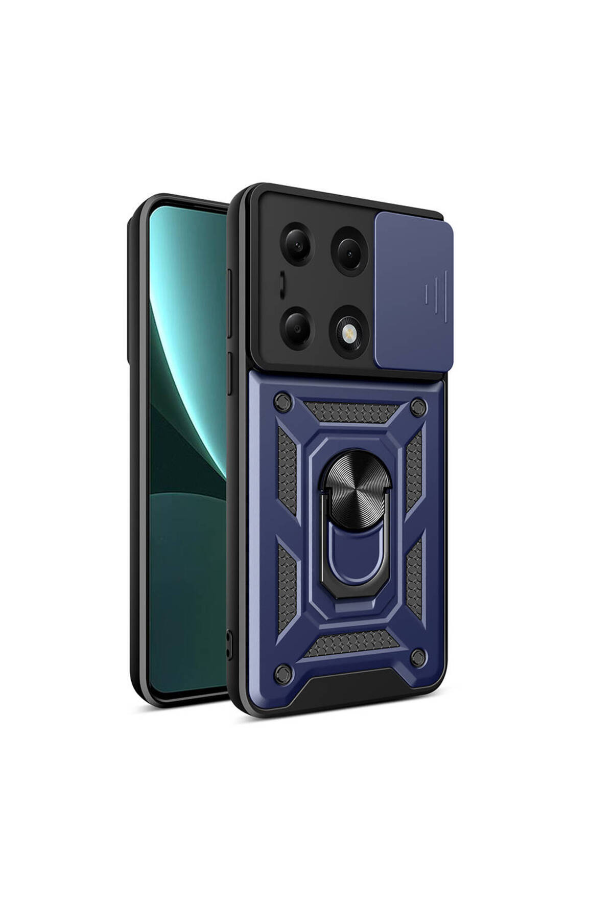 Xiaomi Redmi Note 13 Pro 4G Lens Sürgülü Kamera Korumalı Yüzüklü Stantlı Tank Kılıf - Lacivert
