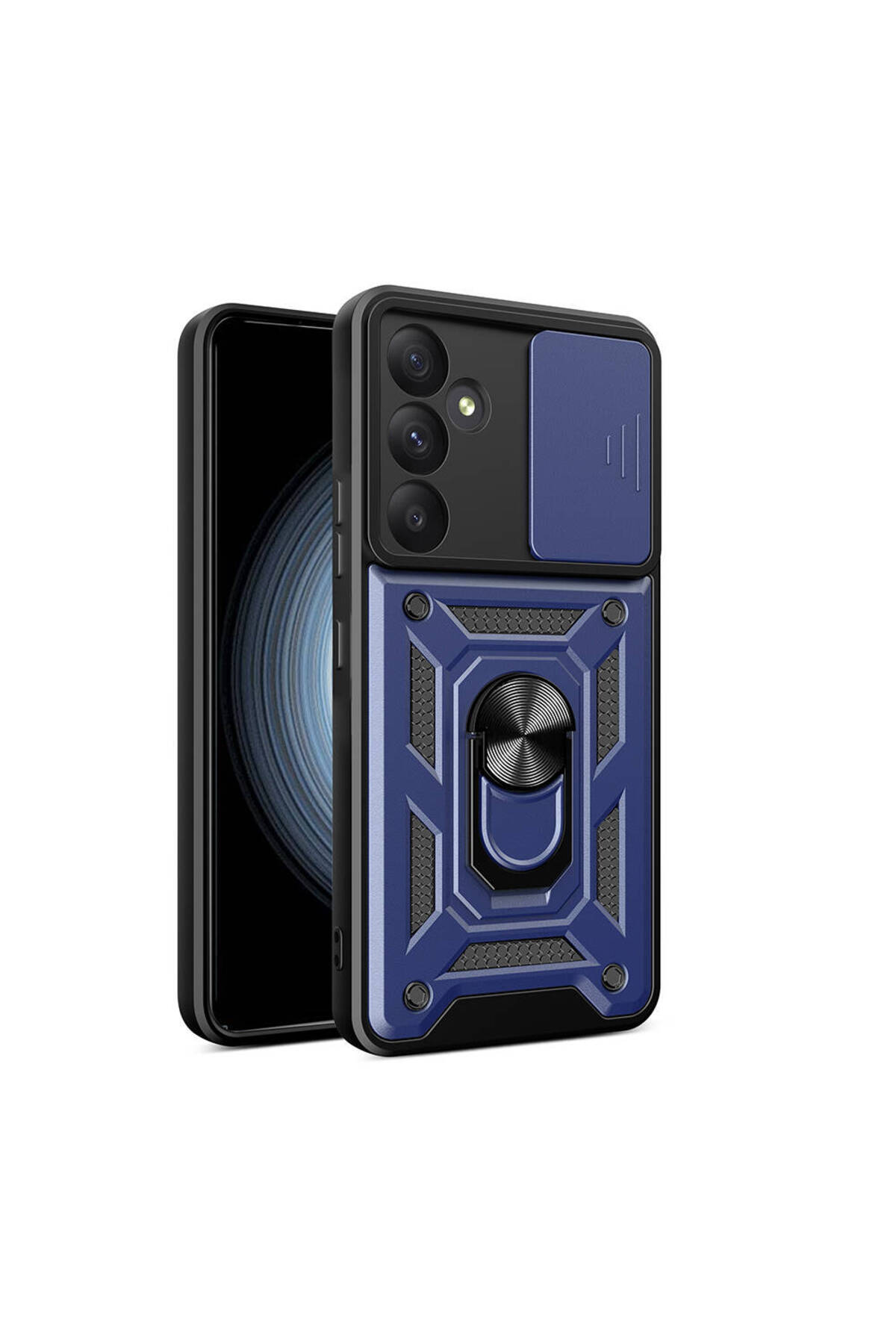 Samsung Galaxy A55 Kapak Lens Sürgülü Kamera Korumalı Yüzüklü Stantlı Tank Kılıf - Lacivert