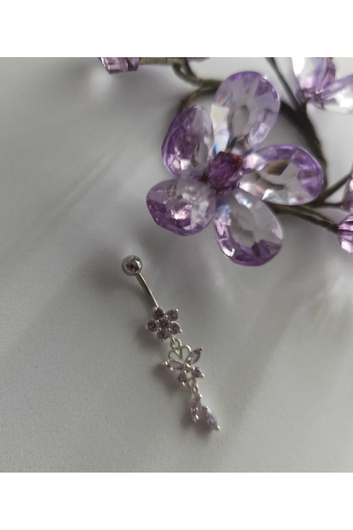 Simge Gümüş 925 Ayar Gümüş Zirkon Taşlı Papatya Ve kelebek figürlü Göbek Piercing Ebatı 3cm