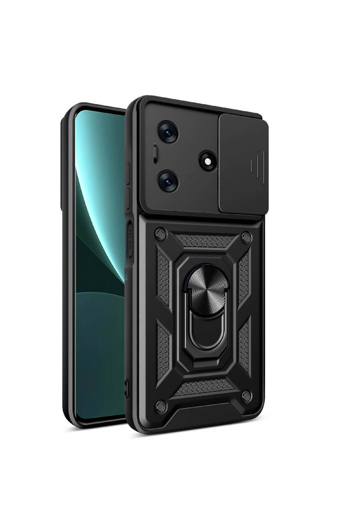 Tecno Spark 10 4G Kapak Lens Sürgülü Kamera Korumalı Yüzüklü Stantlı Tank Kılıf - Siyah