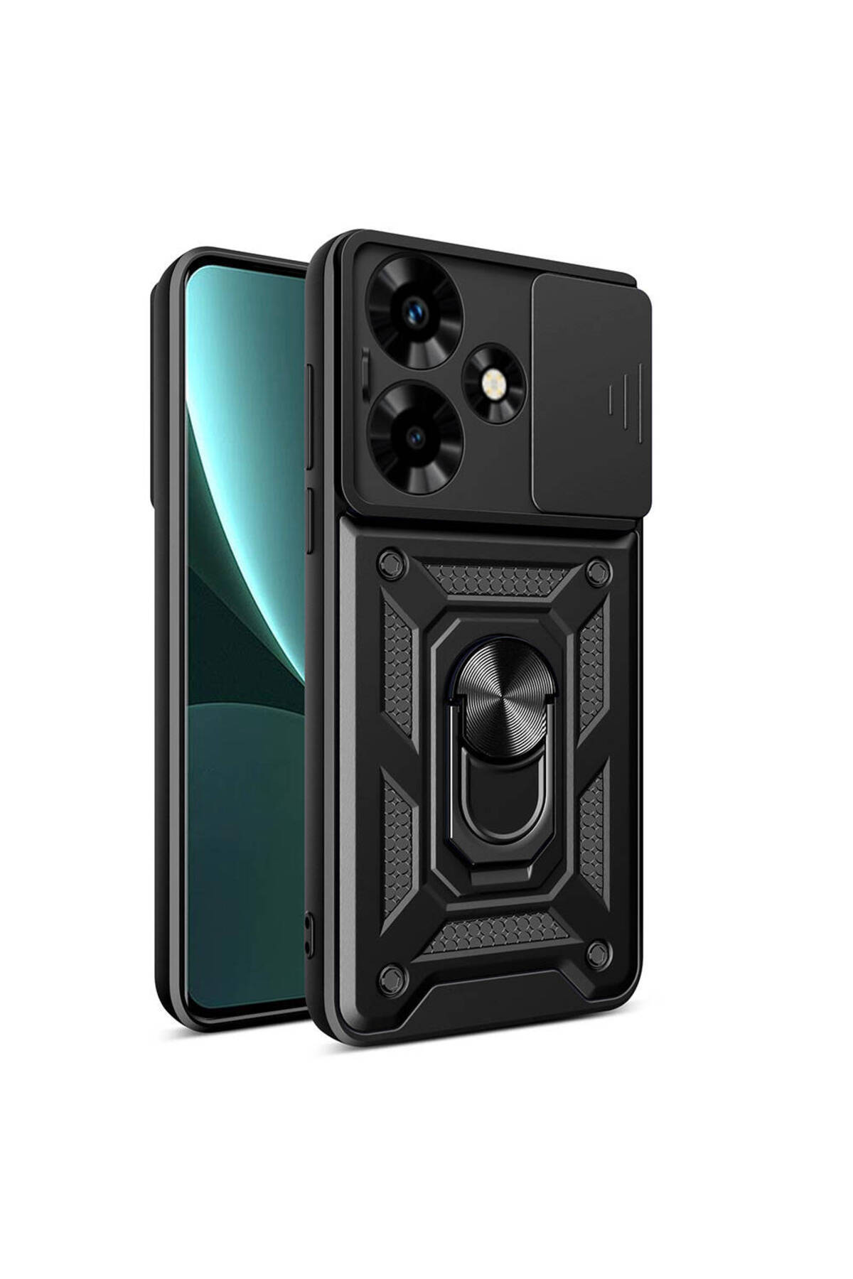 İnfinix Hot 30 Kapak Lens Sürgülü Kamera Korumalı Yüzüklü Stantlı Tank Kılıf - Siyah