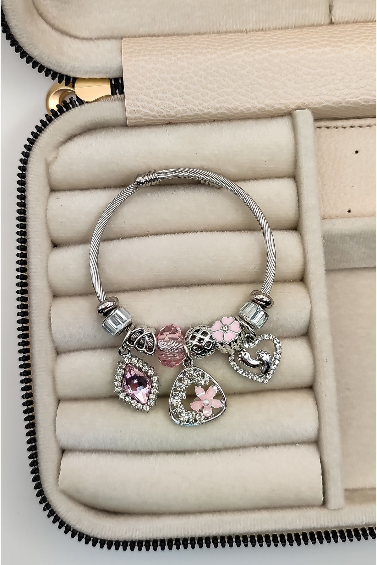 Pembe Taşlı Charm &Ccedil;elik Bileklik - 2