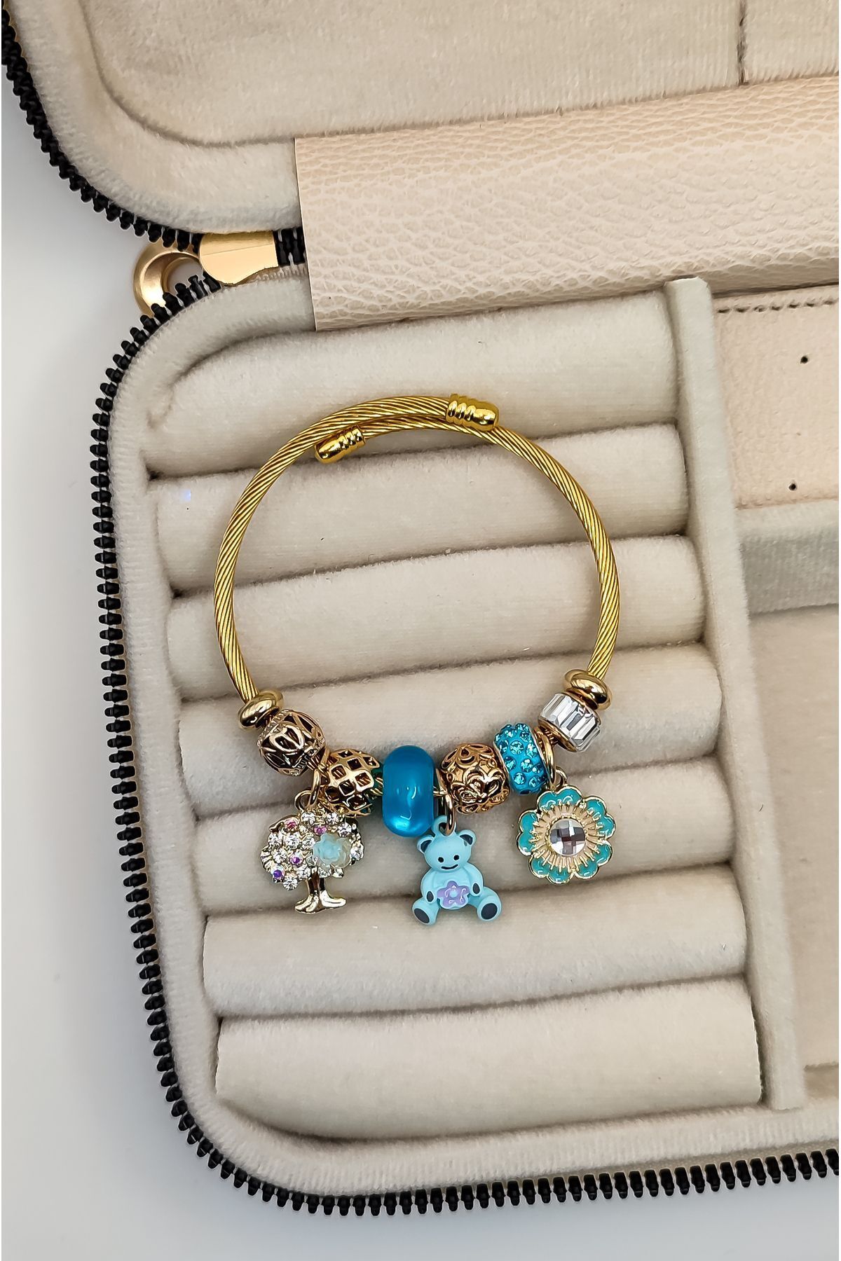 Mavi Ayıcık Ağaç Desenli Charm Çelik Bileklik