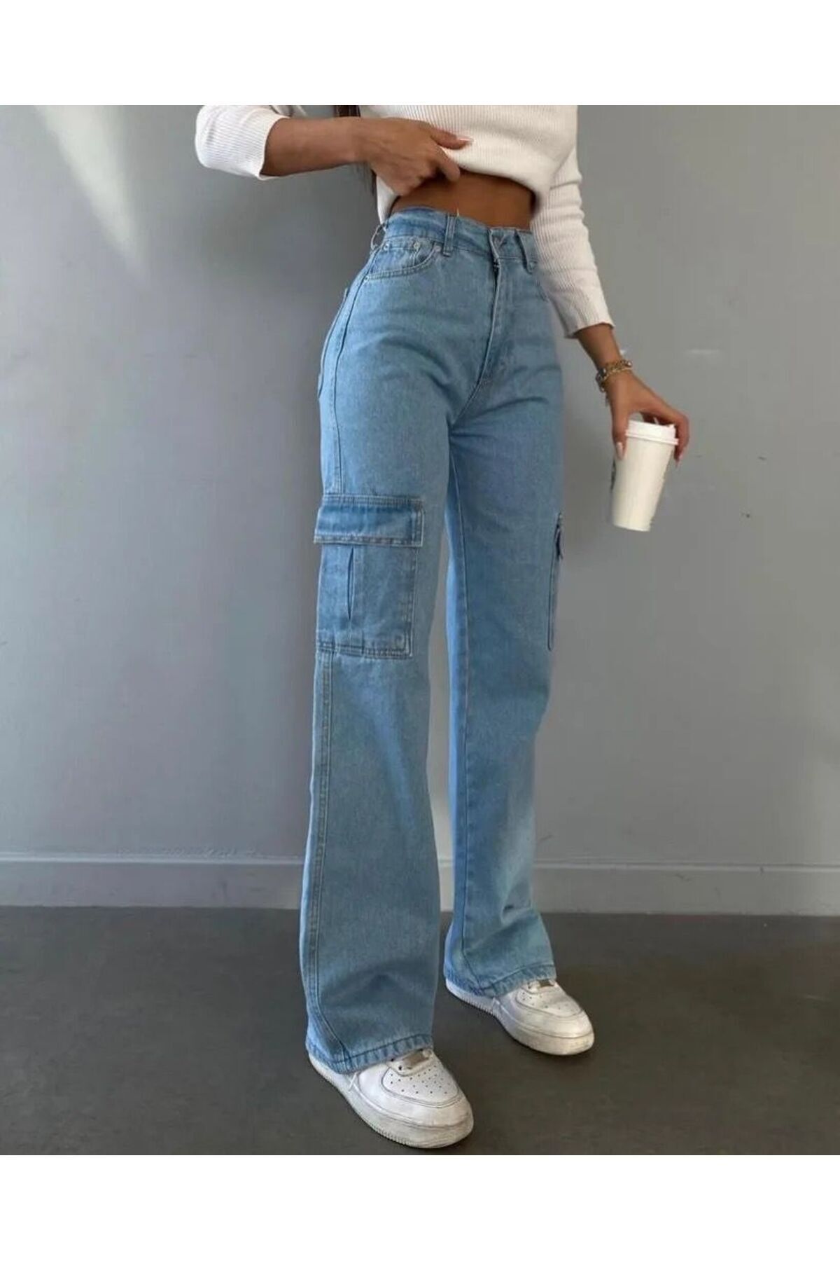 femmes light blue cargo wide leg buggy jeans trousers cargo pocket street jean