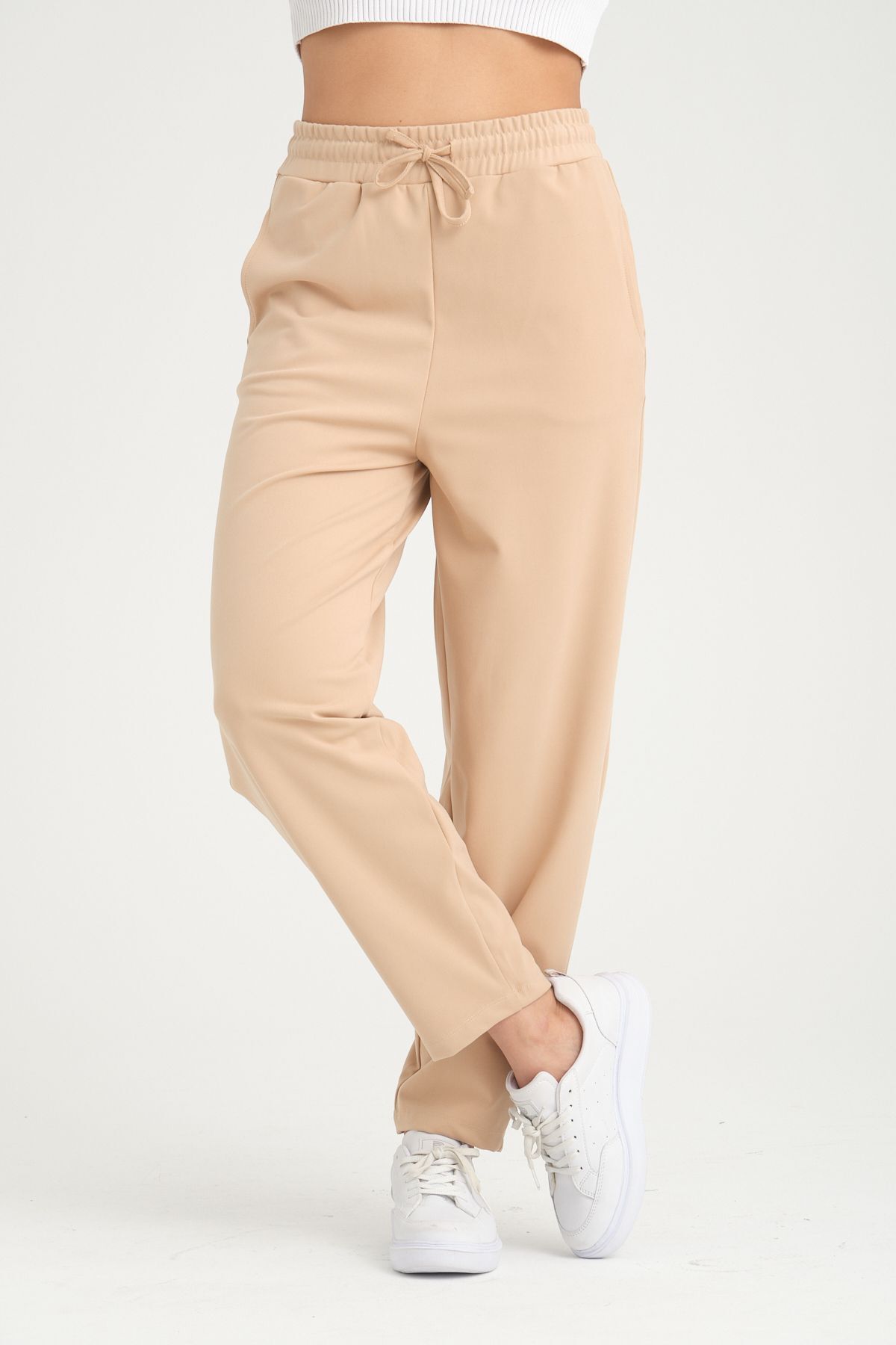 ESPİNA-Pantaloni de scuba tricotați largi din țesătură elastică, morcov, Shalwar Ecru 5